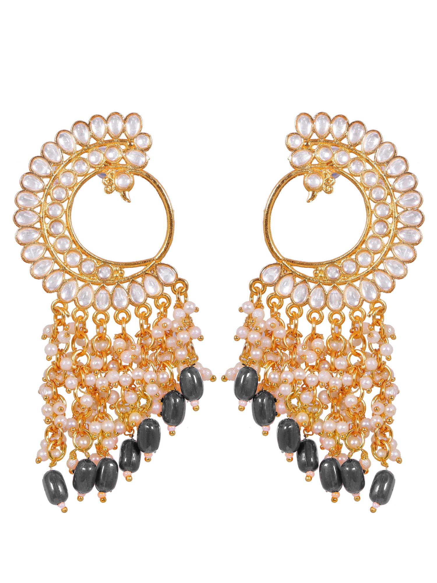 Gold-plated Peacock-themed asymmetric pearl dangler earrings for women, suitable for ethnic occasions