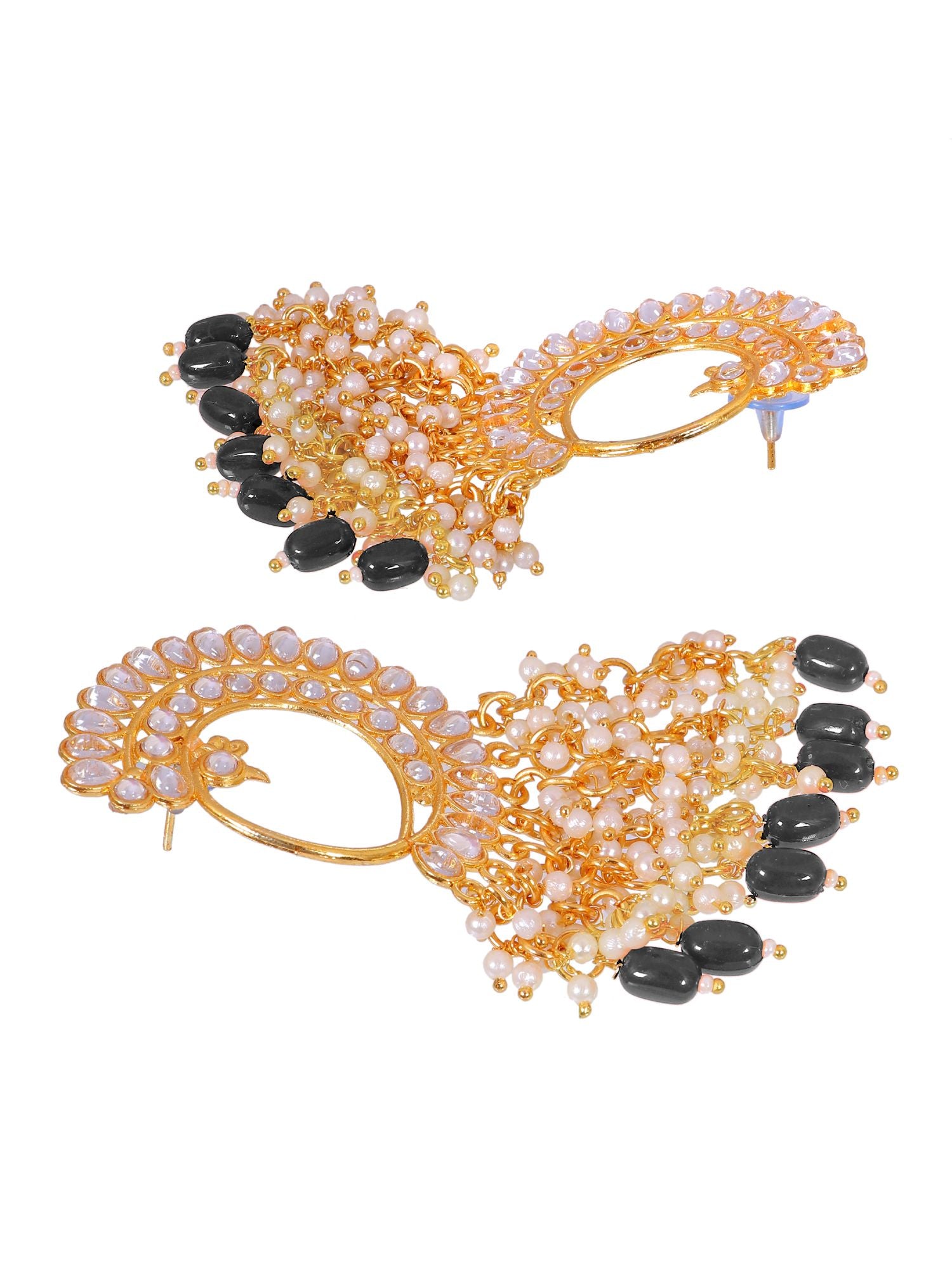 Gold-plated Peacock-themed asymmetric pearl dangler earrings for women, suitable for ethnic occasions