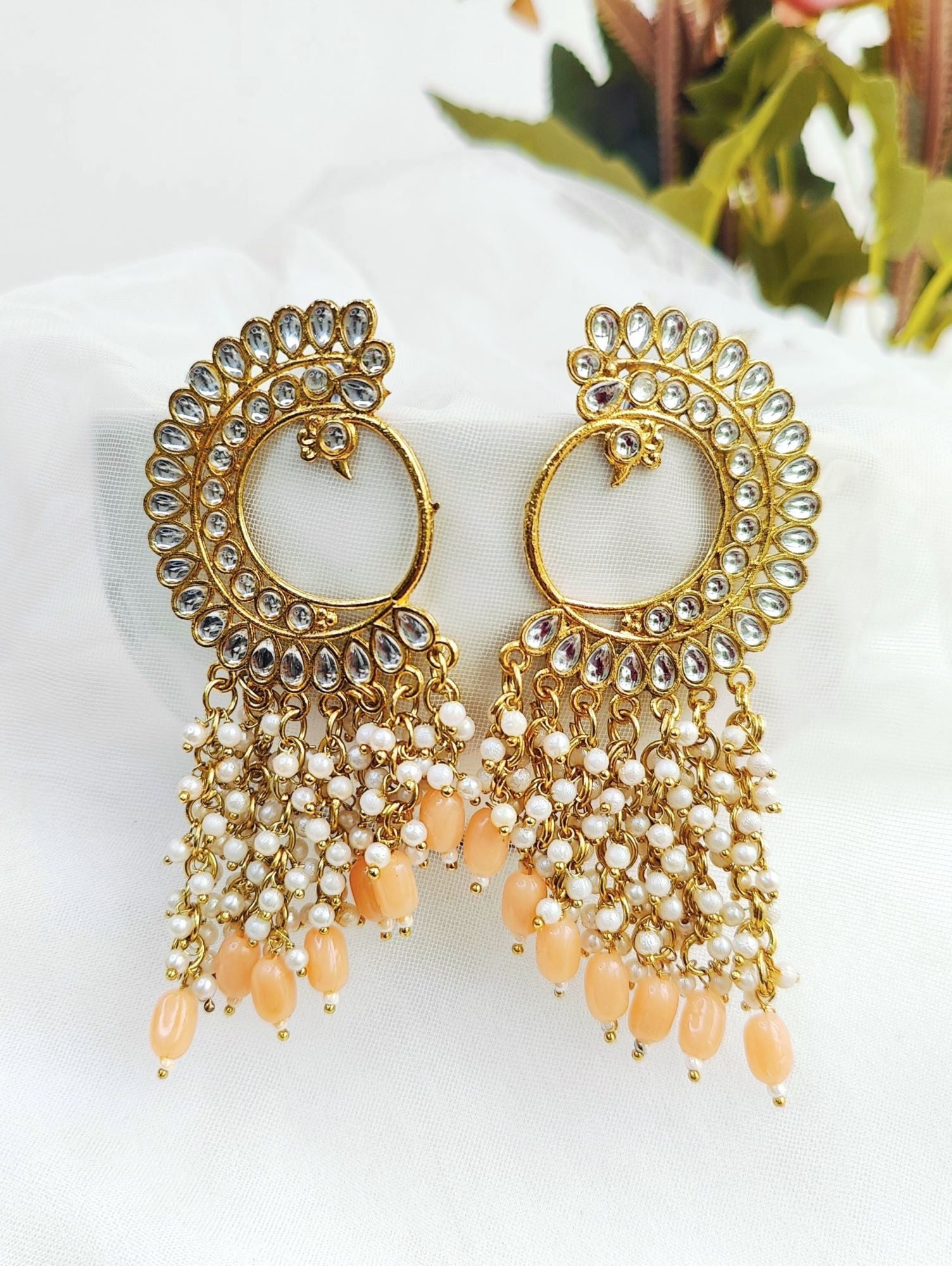 Tikka Party Wear Earrings Peach Stylish Party Wear Kundan Studded