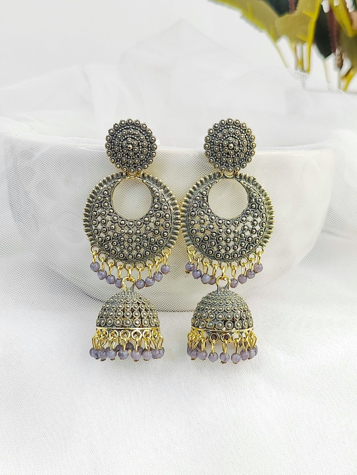 Traditional grey pearl Jhumka earrings in gold plating for women, ideal for wedding or parties
