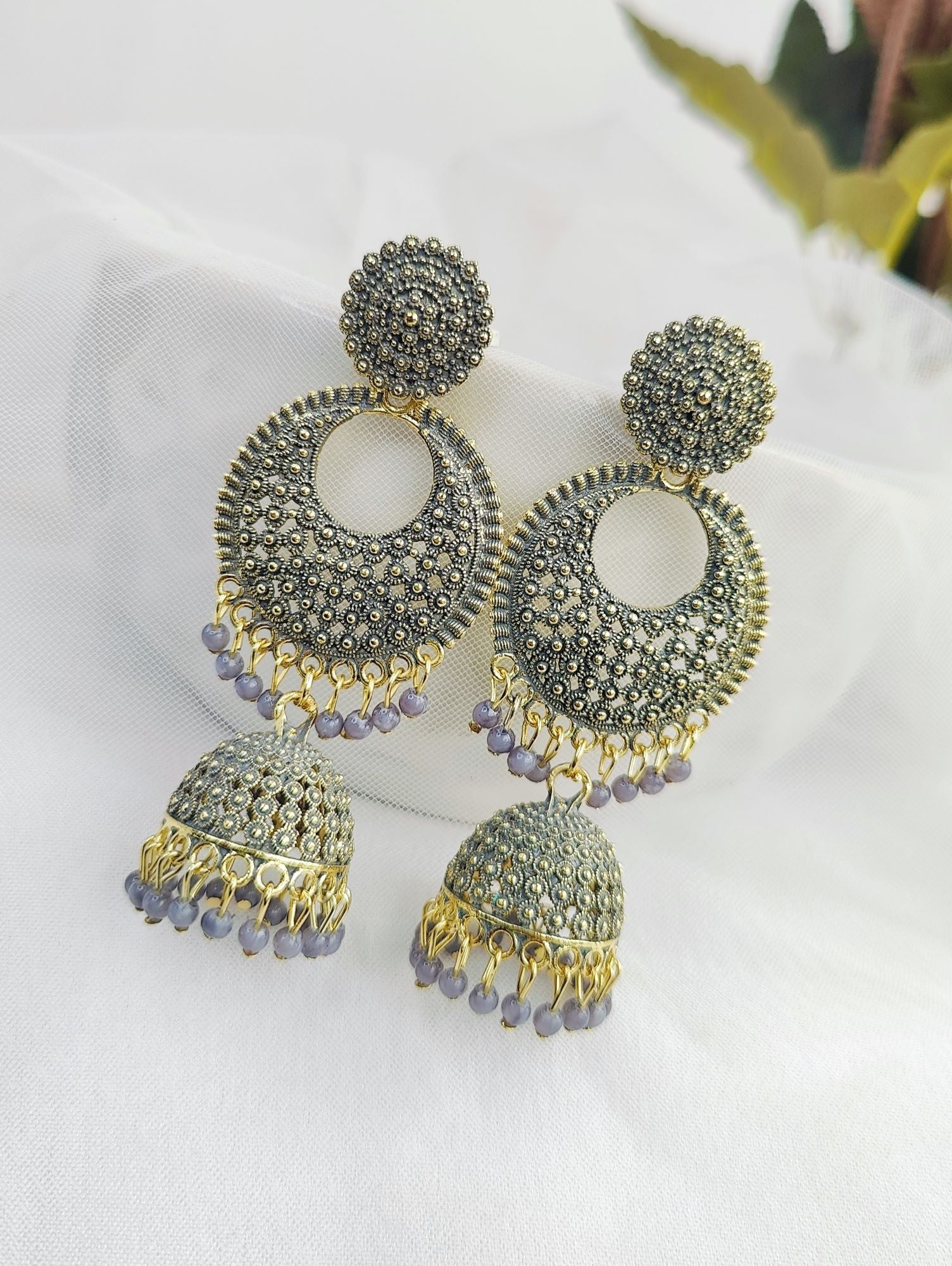 Traditional grey pearl Jhumka earrings in gold plating for women, ideal for wedding or parties