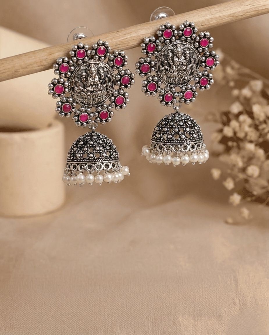 Oxidised Silver Crystal Pink Jhumka Earrings for Women & Girls