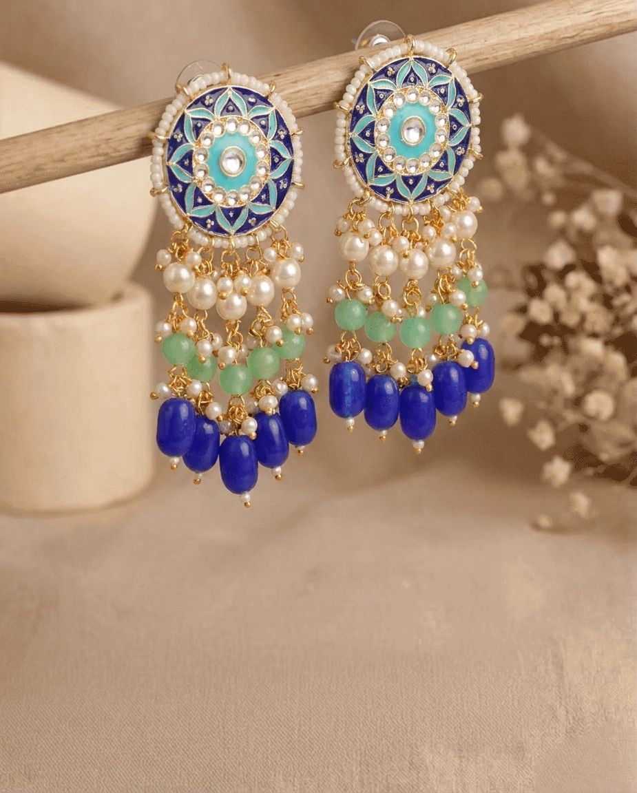 Meenakari Kundan Pearl Drop Earrings with Gold Plated Danglers for Women & Girls