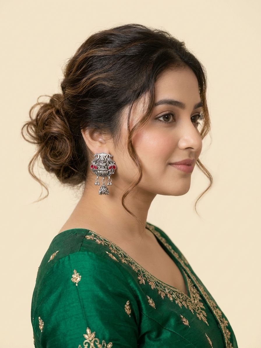 Oxidised Earrings Goddess Laxmi Jhumka for Red Saree, Pearl Drop Danglers