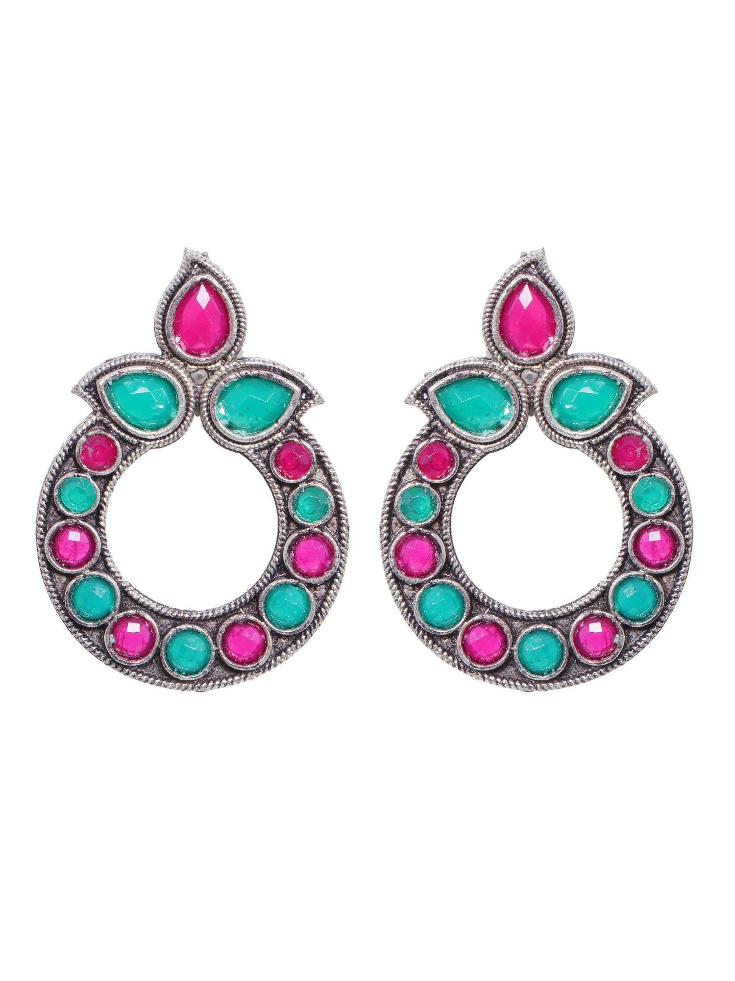 Pair of round oxidized stone earrings in red and teal, ideal for women and girls attending festivals, weddings, or parties