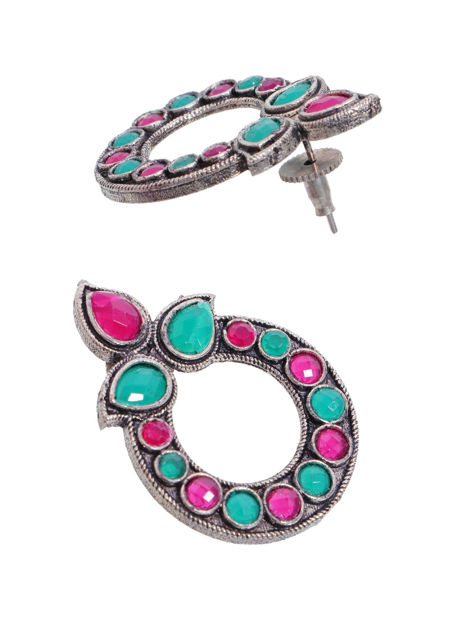 Pair of round oxidized stone earrings in red and teal, ideal for women and girls attending festivals, weddings, or parties