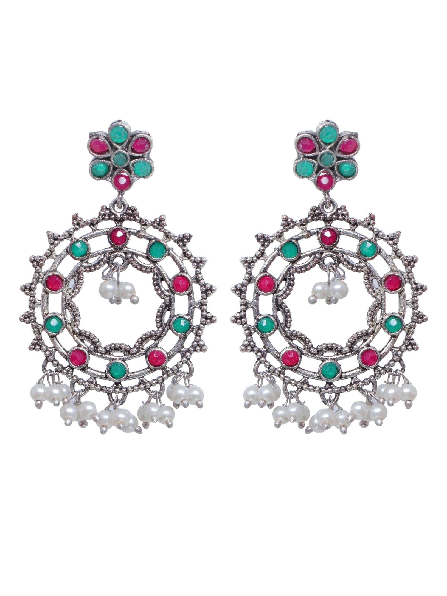 Oxidized Earrings, Green & Red Stones, Ethnic Slvr Danglers