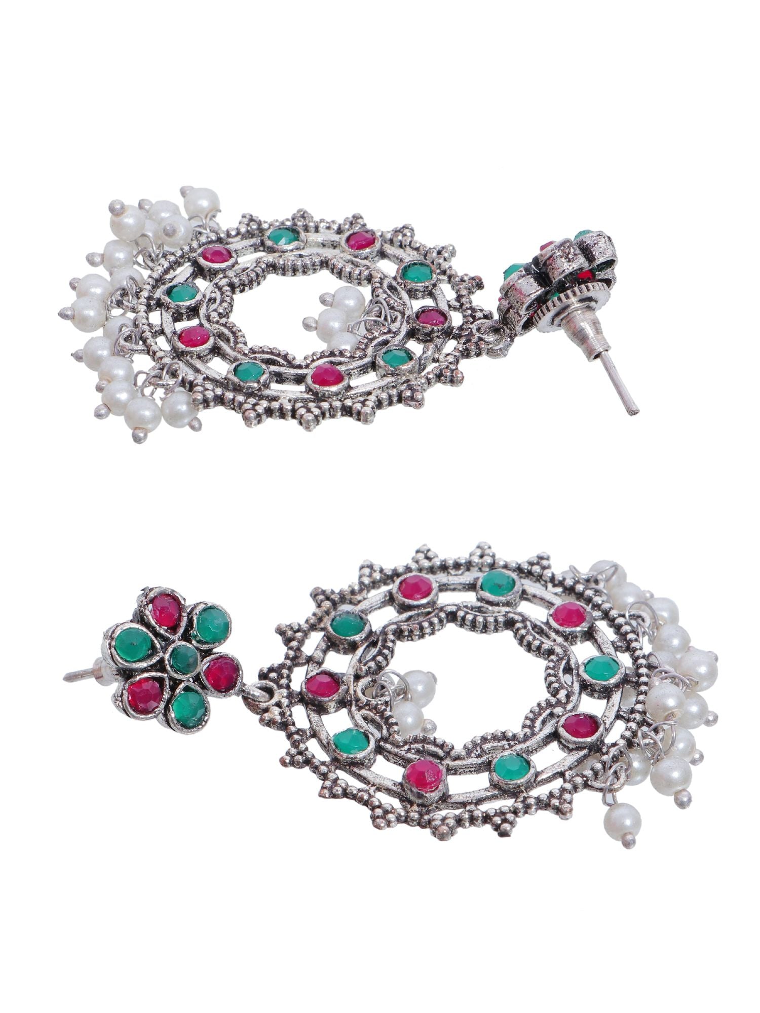 Oxidized Earrings, Green & Red Stones, Ethnic Slvr Danglers