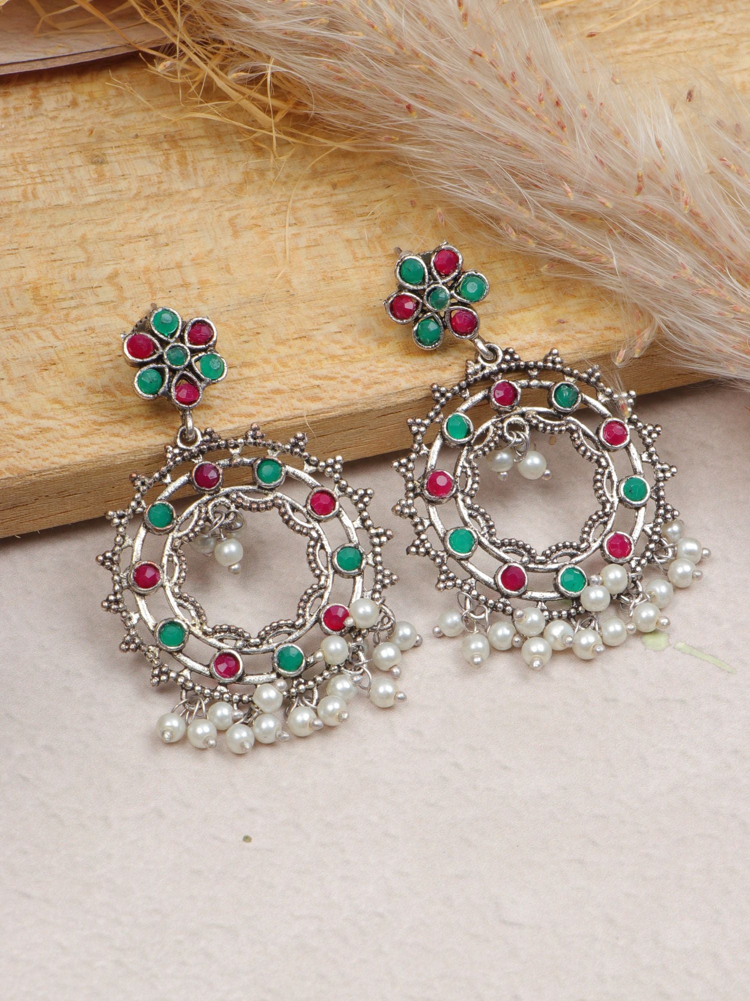 Oxidized Earrings, Green & Red Stones, Ethnic Slvr Danglers