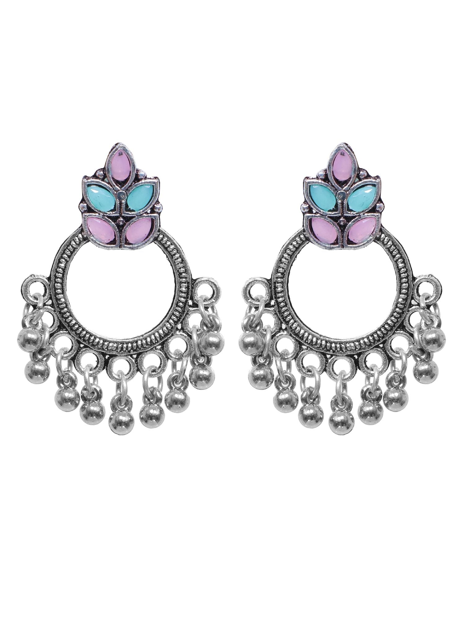 Pair of multi-colour silver oxidized round earrings in pink and sea green, ideal for parties and festivals