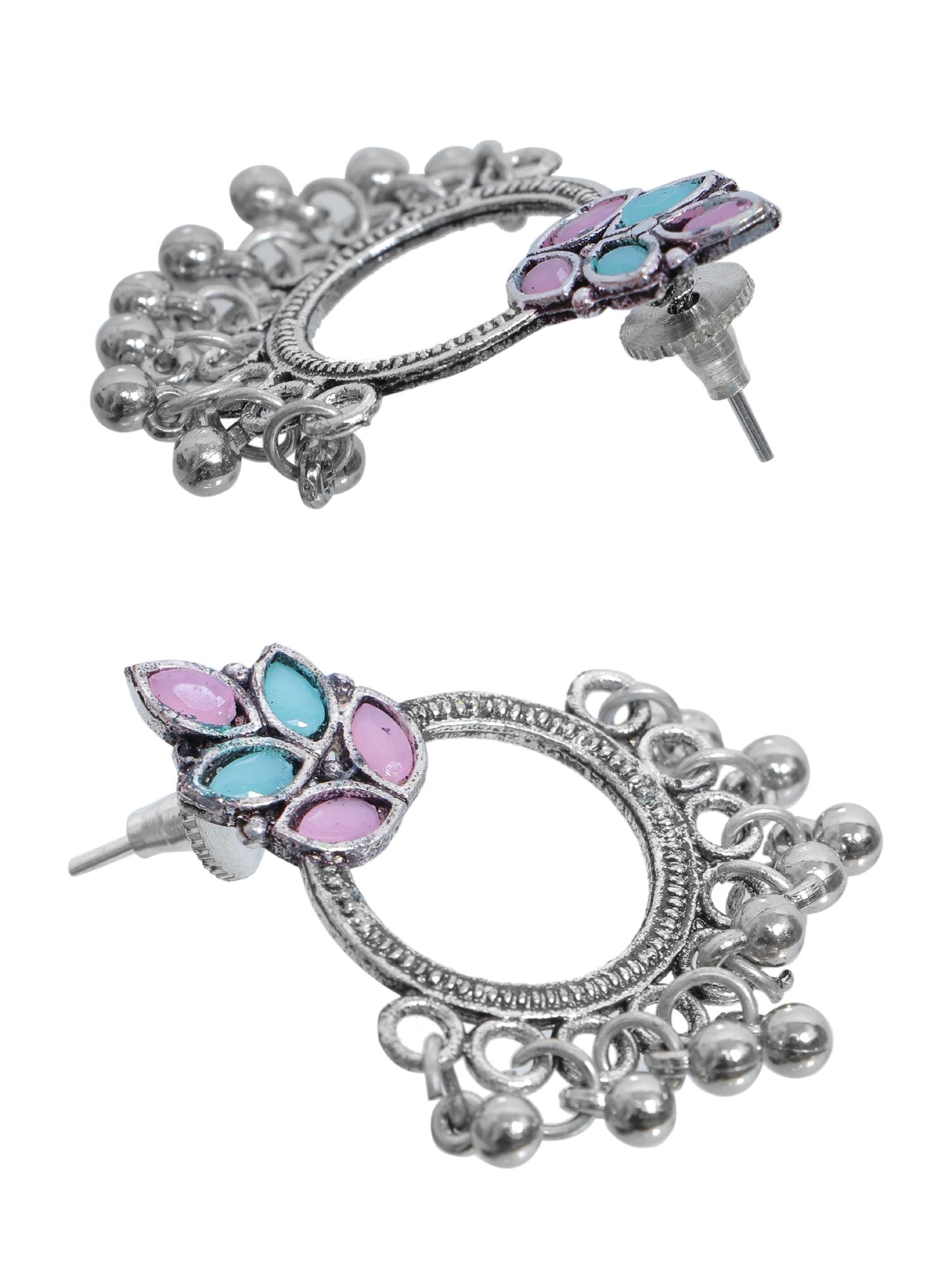 Pair of multi-colour silver oxidized round earrings in pink and sea green, ideal for parties and festivals