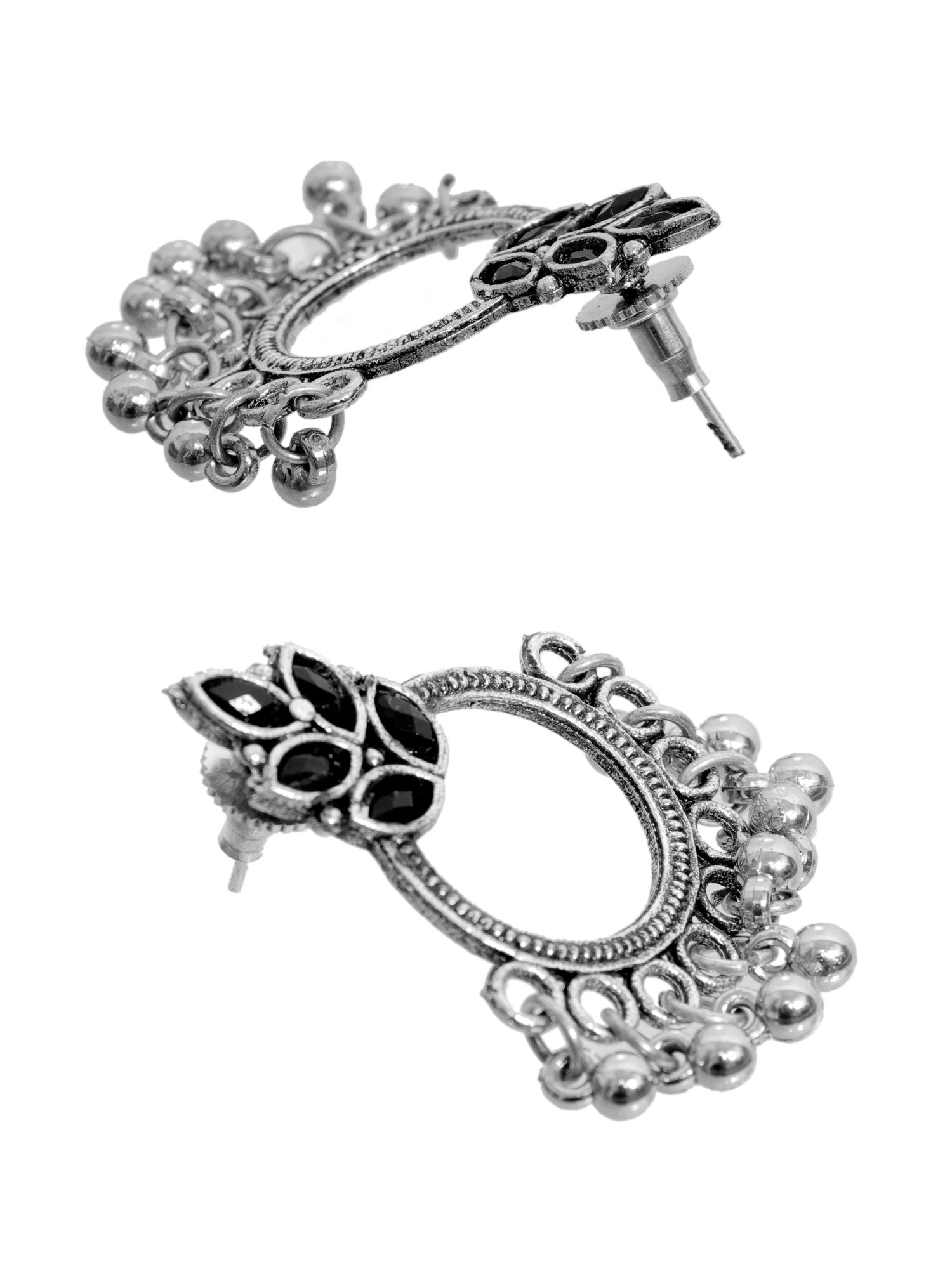 Contemporary oxidized earrings with black stones, asymmetric design and silver plating, ideal for women on various occasions