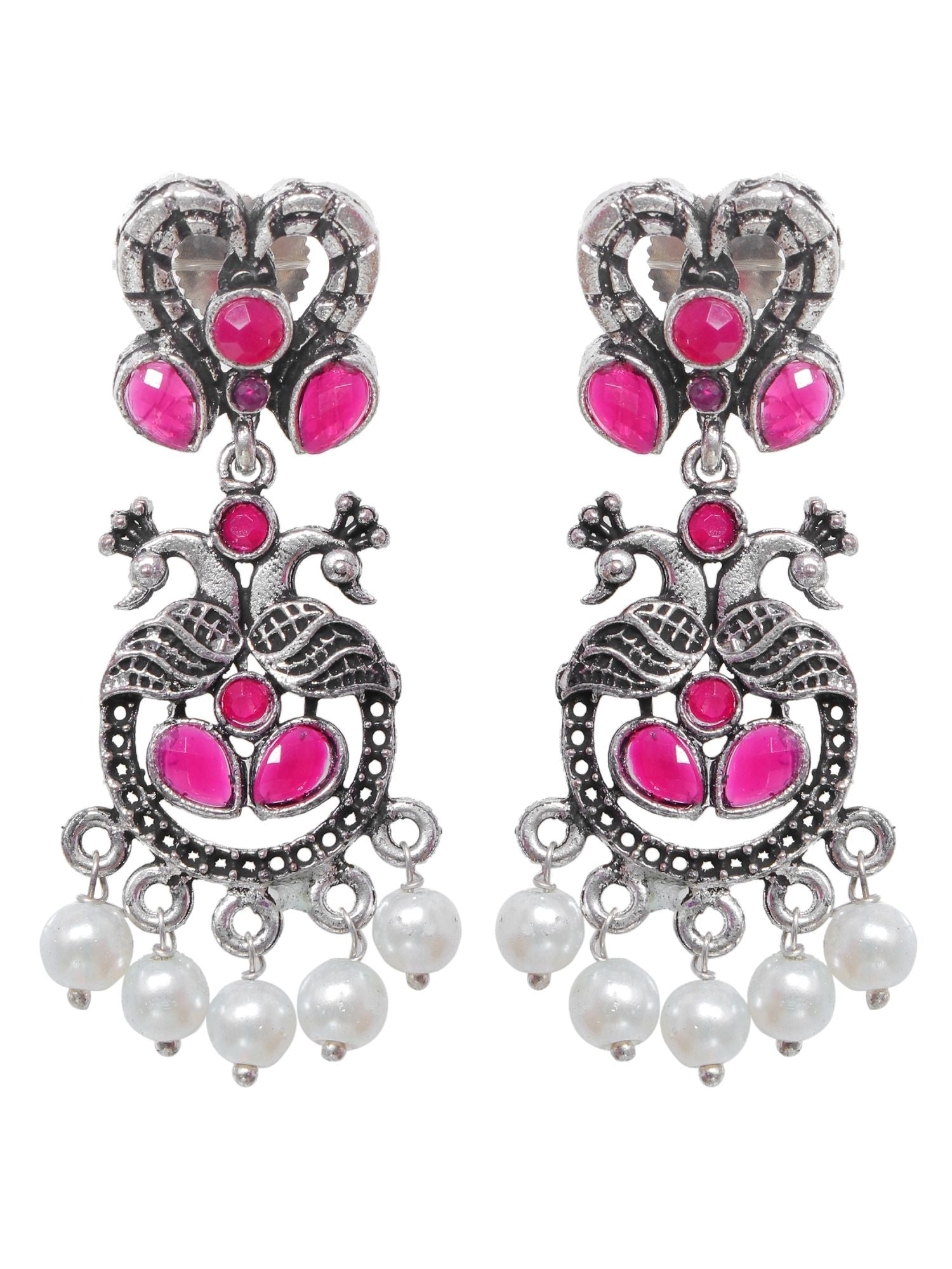 Antique pink stone asymmetric earrings with oxidized silver peacock design, perfect for festive, wedding wear for women&girls