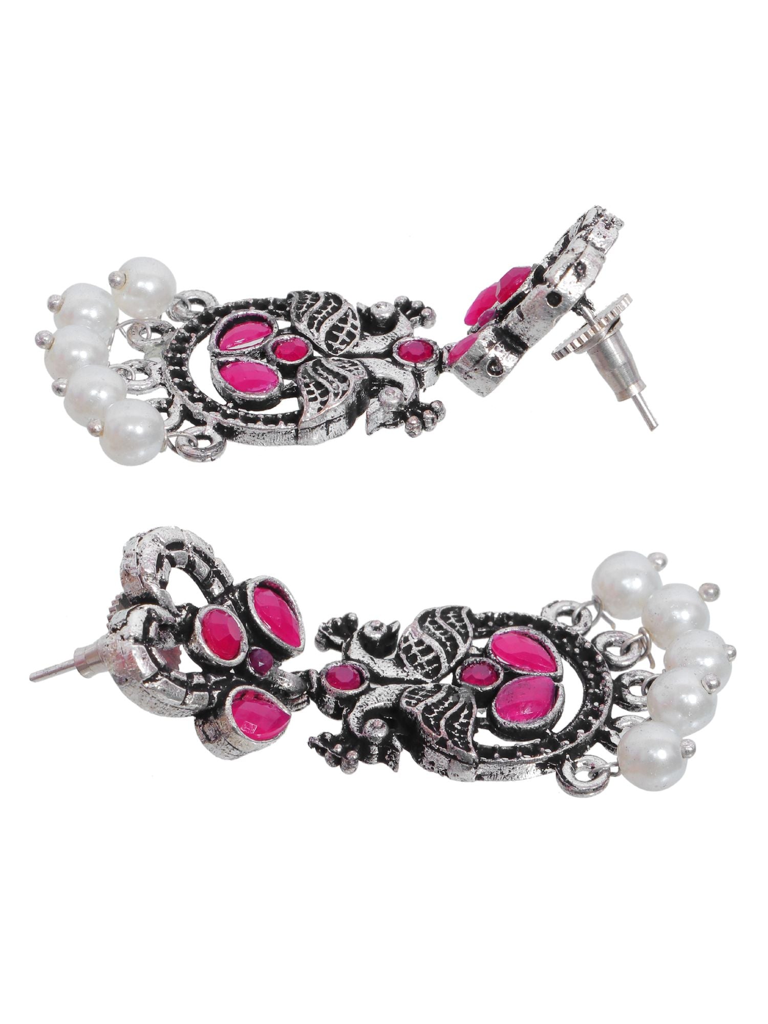 Antique pink stone asymmetric earrings with oxidized silver peacock design, perfect for festive, wedding wear for women&girls