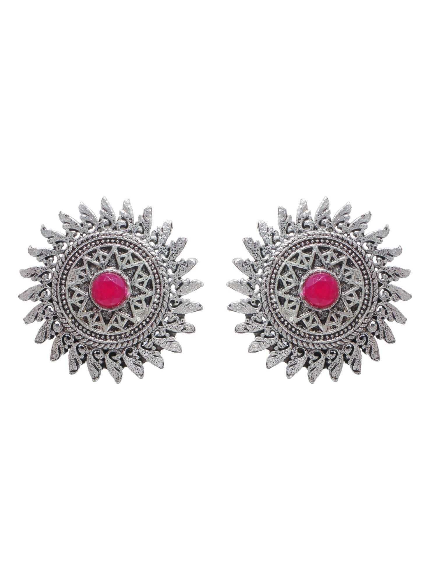 Antique red stone oxidized Silver stud earrings for WOmen, Girls for festive occasions