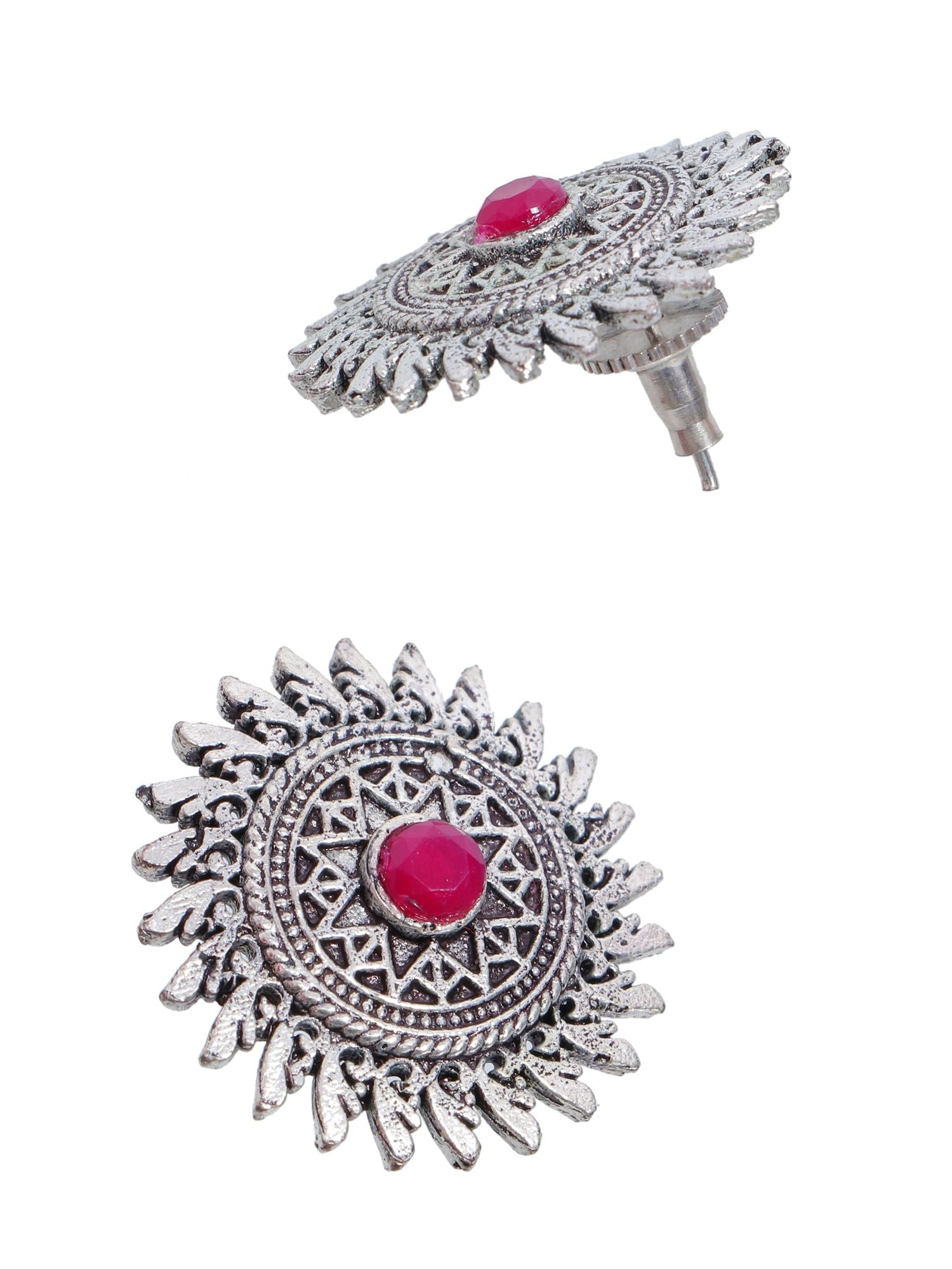 Antique red stone oxidized Silver stud earrings for WOmen, Girls for festive occasions