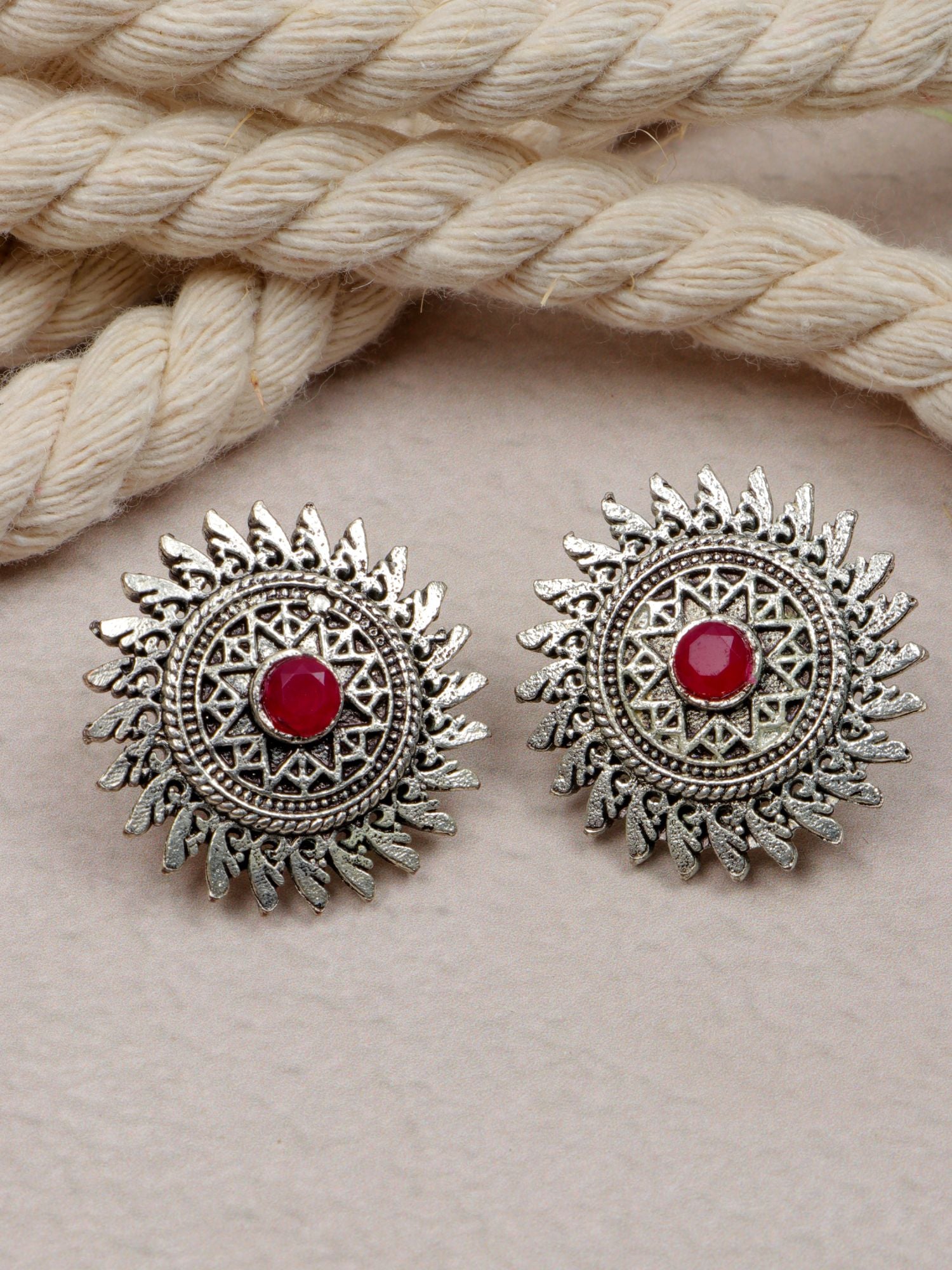 Antique red stone oxidized Silver stud earrings for WOmen, Girls for festive occasions