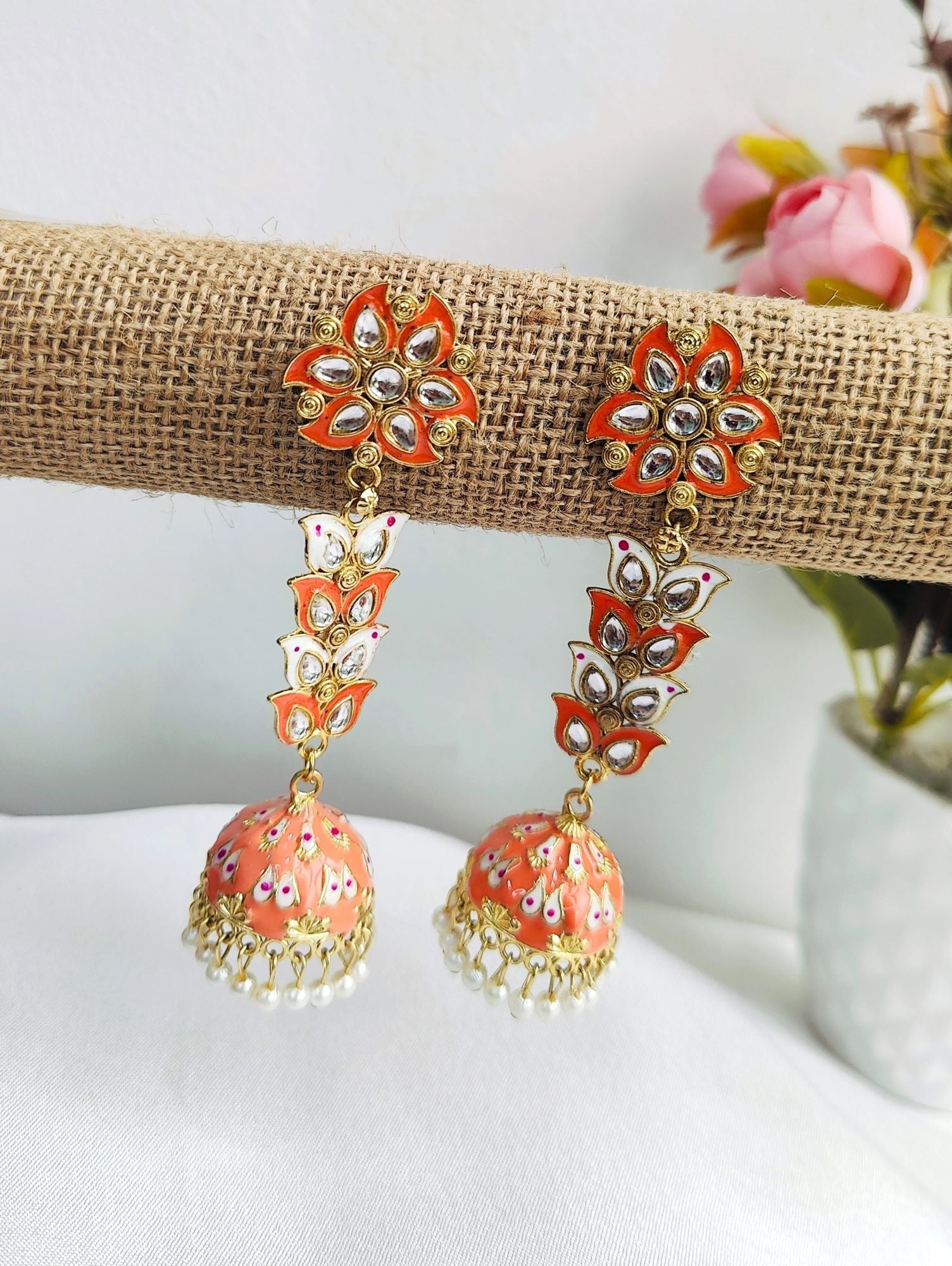 Peach Meenakari Pearl Jhumka earrings for women, elegant Kundan design