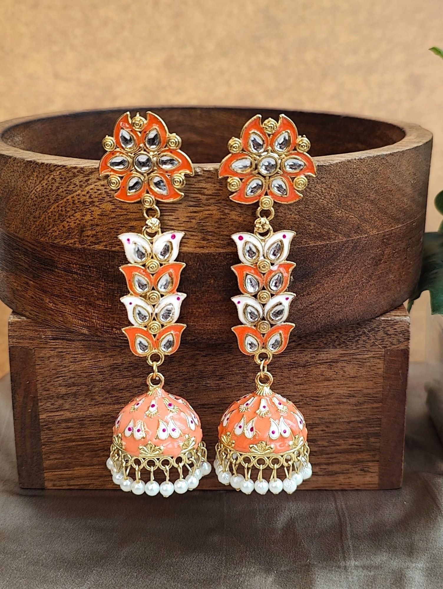 Peach Meenakari Pearl Jhumka earrings for women, elegant Kundan design