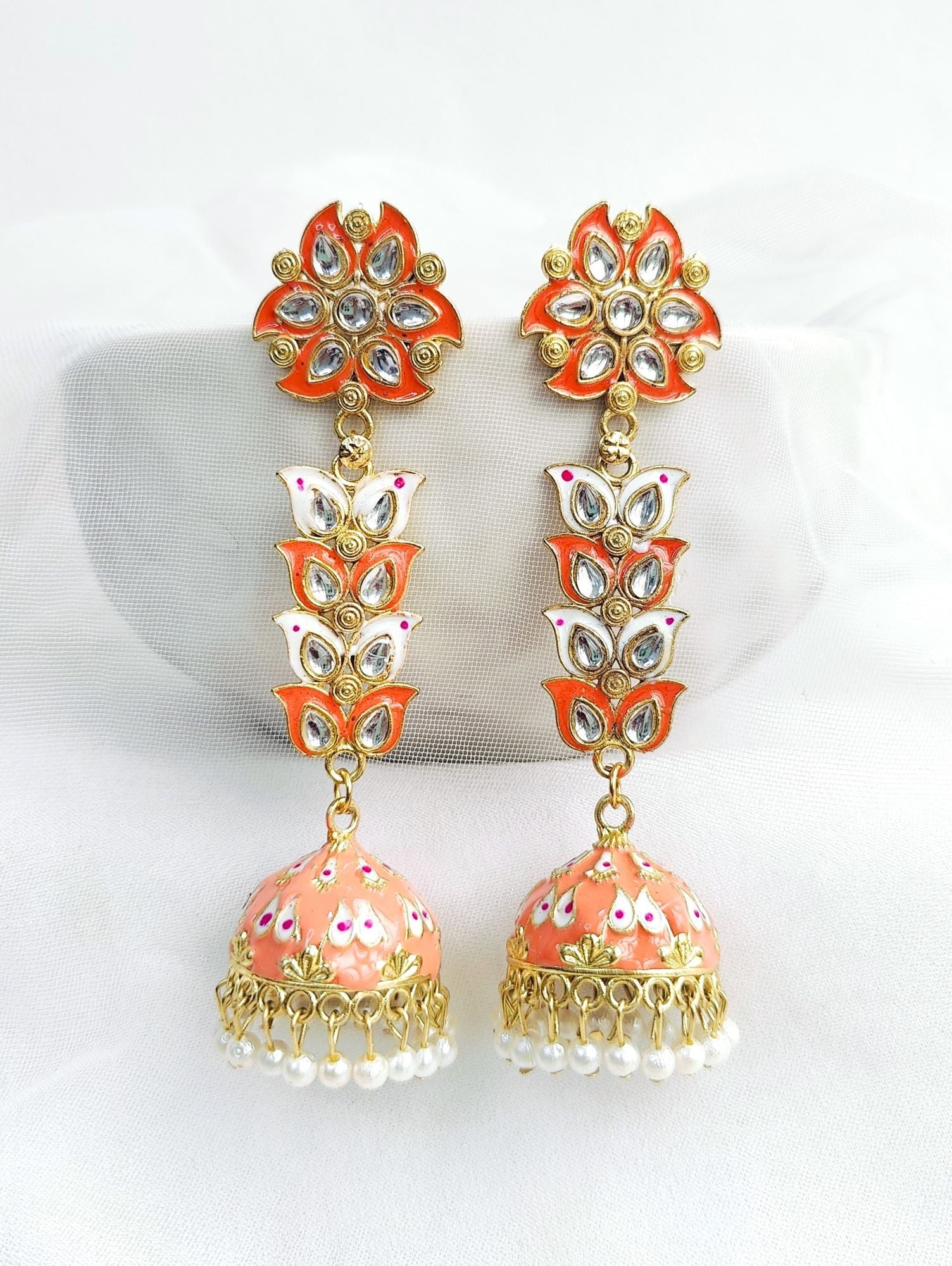 Peach Meenakari Pearl Jhumka earrings for women, elegant Kundan design
