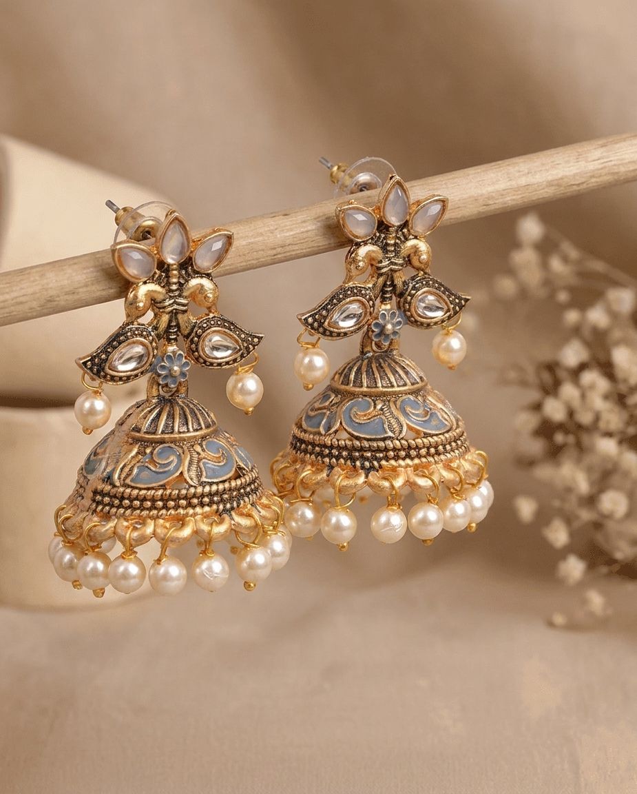 Handmade Beaded Dual Peacock Jhumka Earrings for Women & Girls, Grey Gold