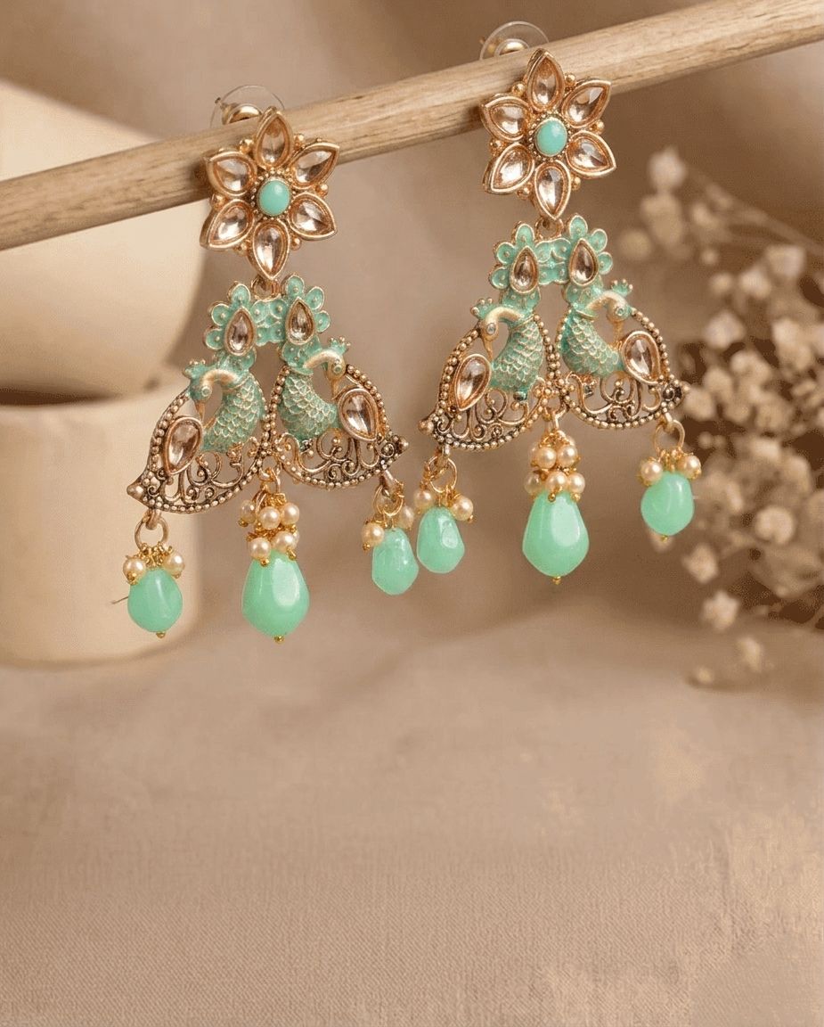 Sea Green Kundan Peacock Pearl Drop Dangler Earrings for Women & Girls
