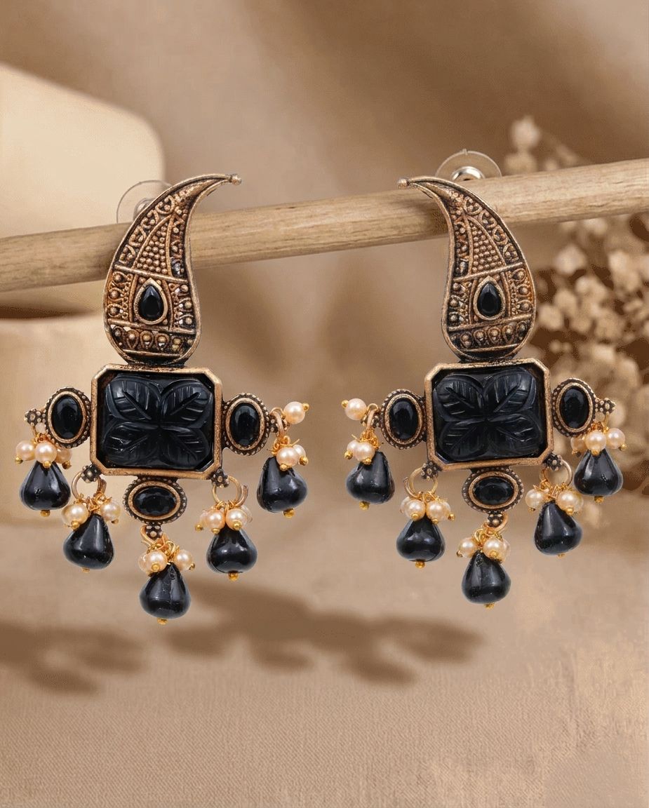 Black Oxidized Gold Drop Earrings for Women, Ethnic Dangle Jewelry