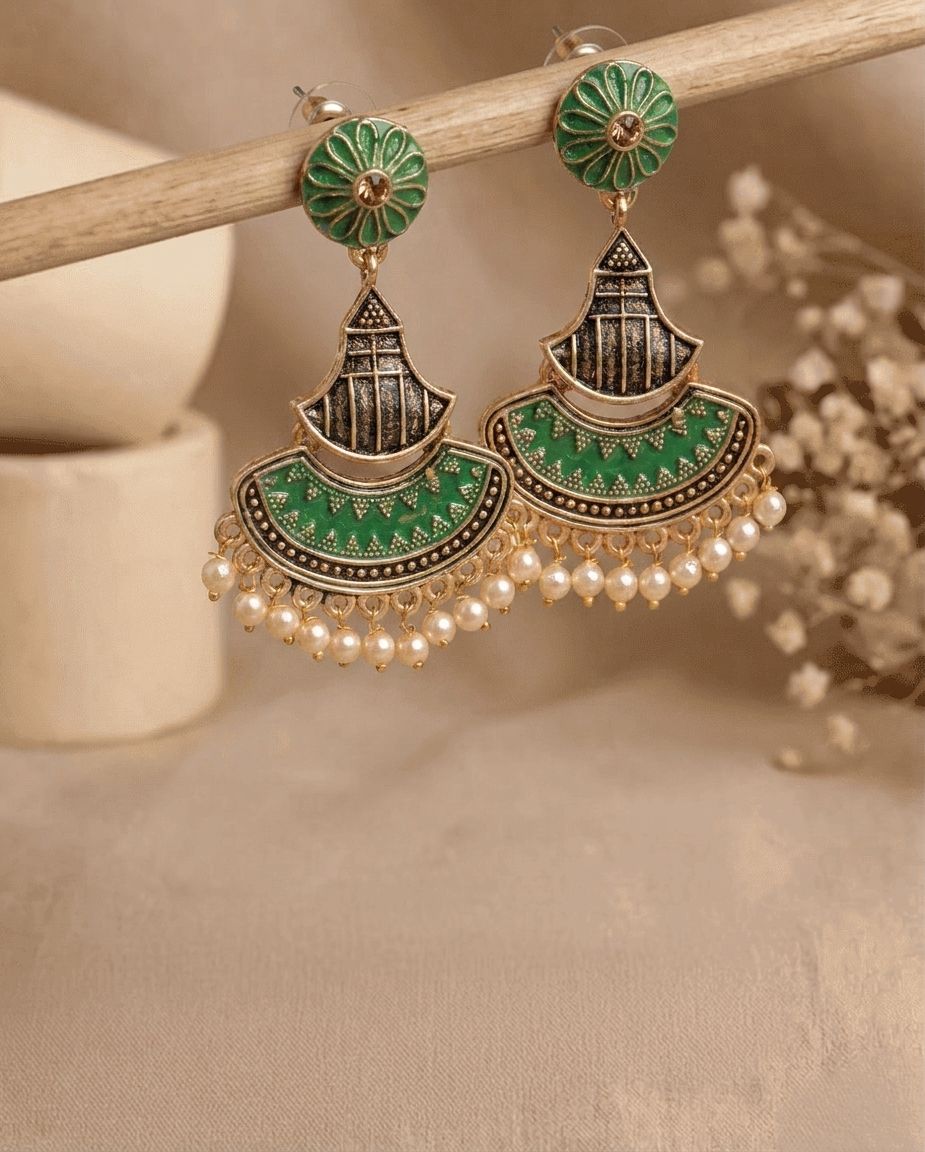 Green Gold-Plated Meenakari Pearl Drop Dangler Earrings for Women & Girls