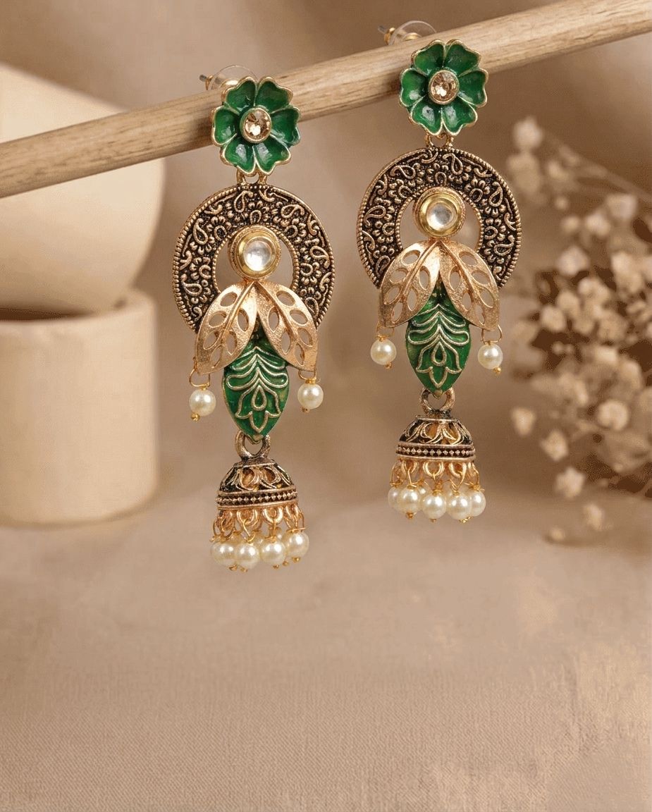 Green Gold-Plated Beaded Jhumki Earrings – Handmade Ethnic Jhumka for Women & Girls