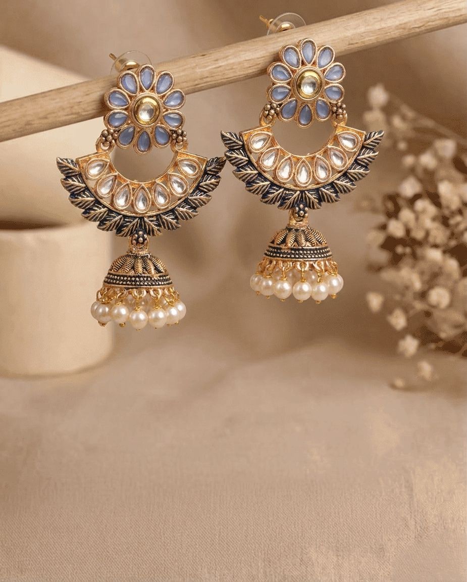 Handmade Beaded Gold-Tone Leaf Meenakari Jhumka Earrings for Girls