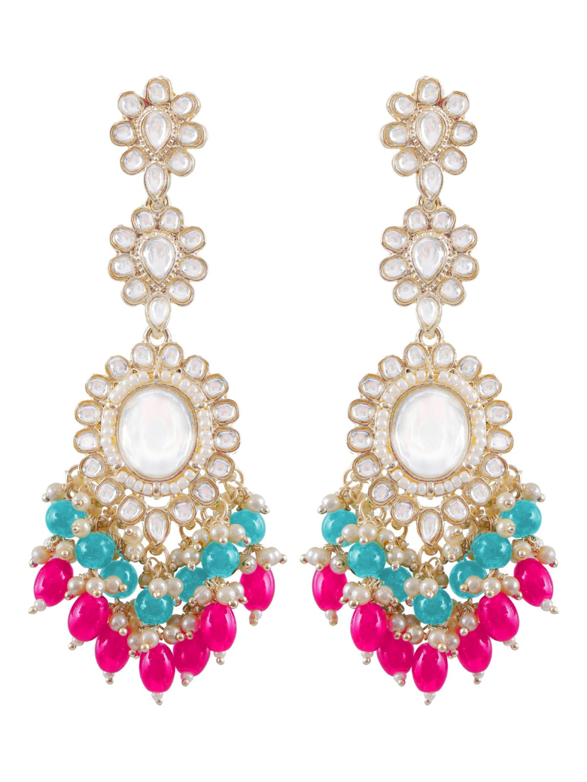 Pink-Sky Blue Pearls Long Danglers for Party Wear