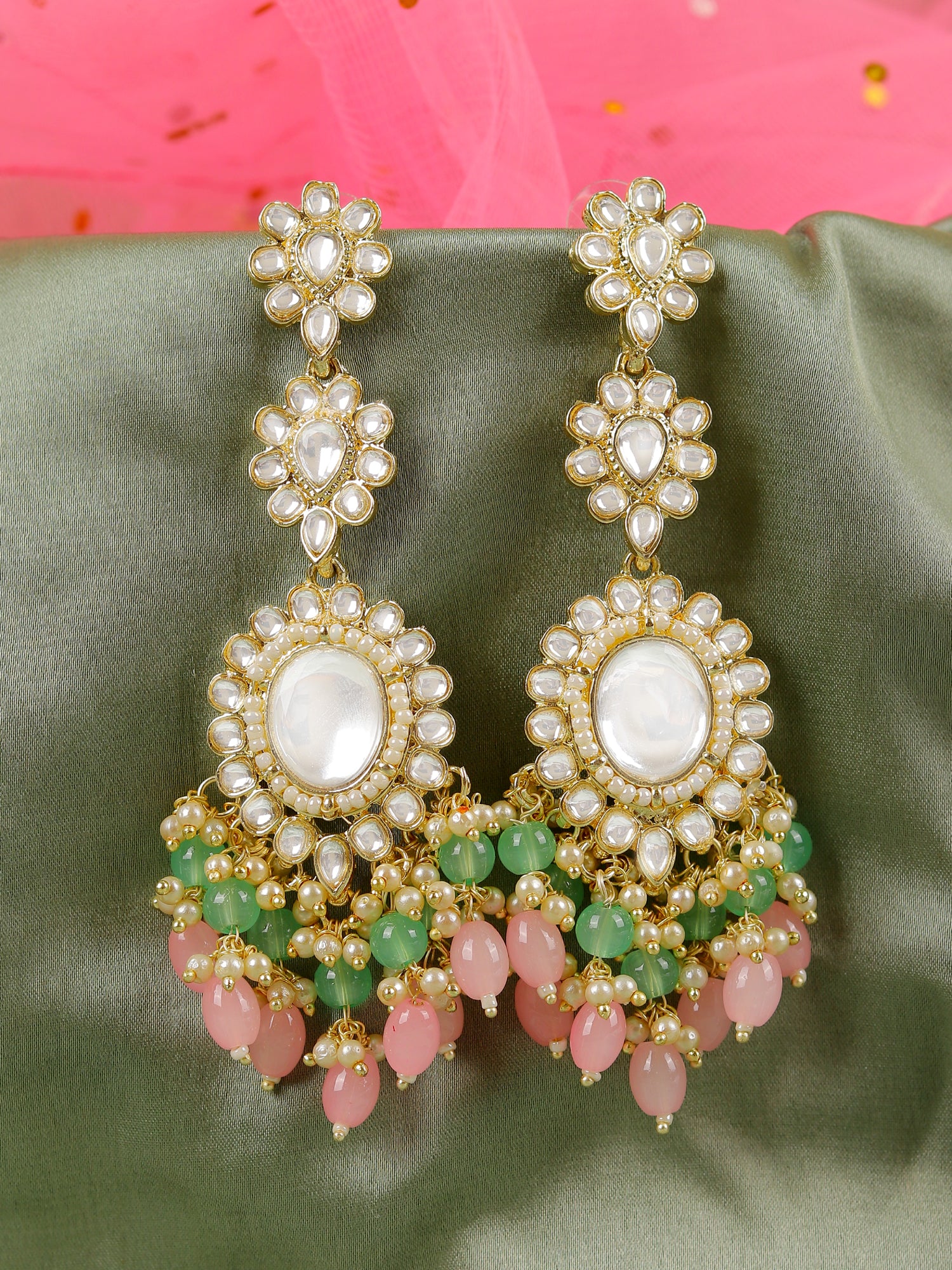 Meera Earrings- MultiColored Pearls Long Indian Wedding Earrings for WOmen