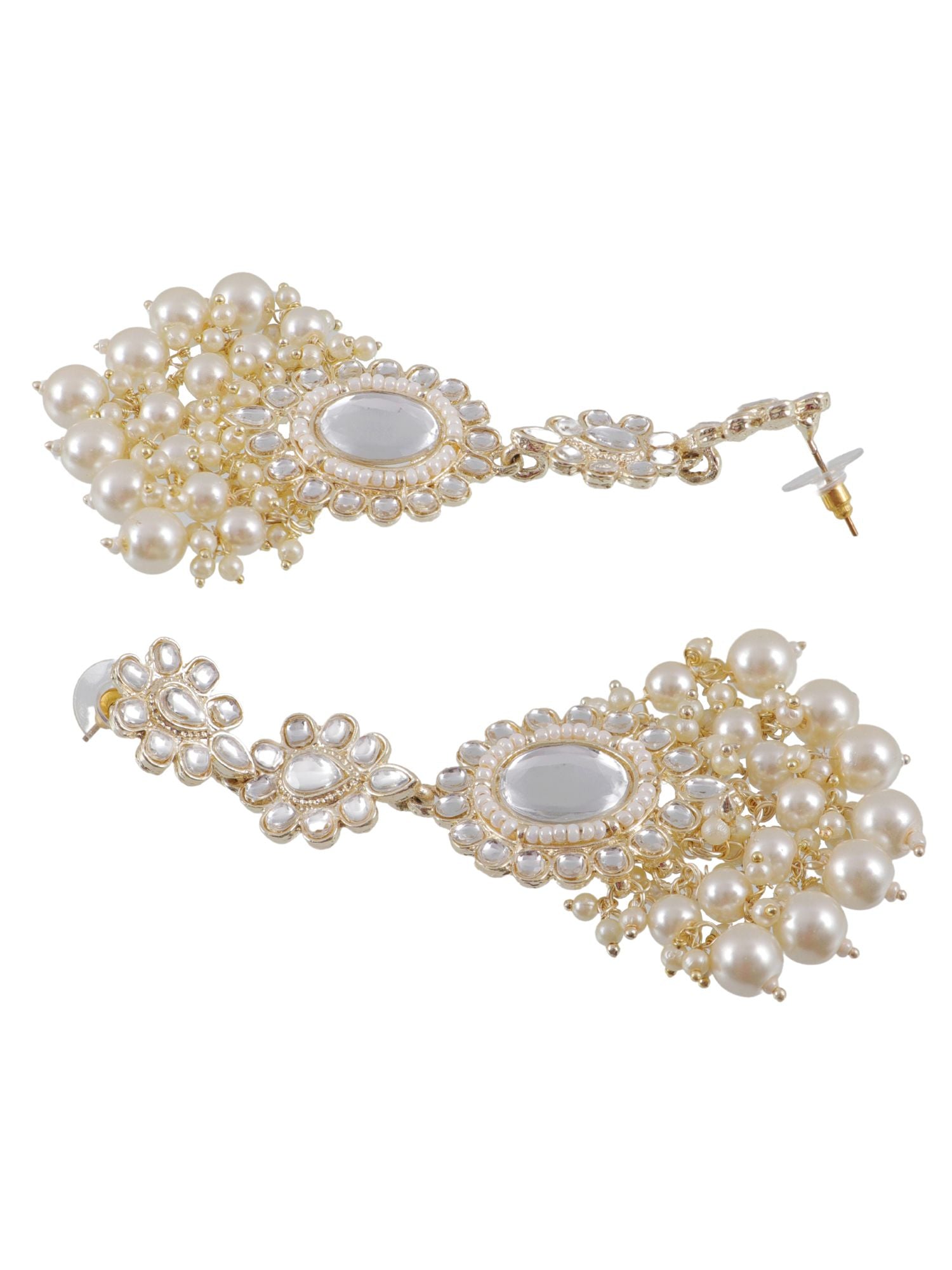 Elegant gold-plated wedding pearl earrings in Kundan design, long ethnic drops and danglers, ideal for women and girls for parties and festivals.