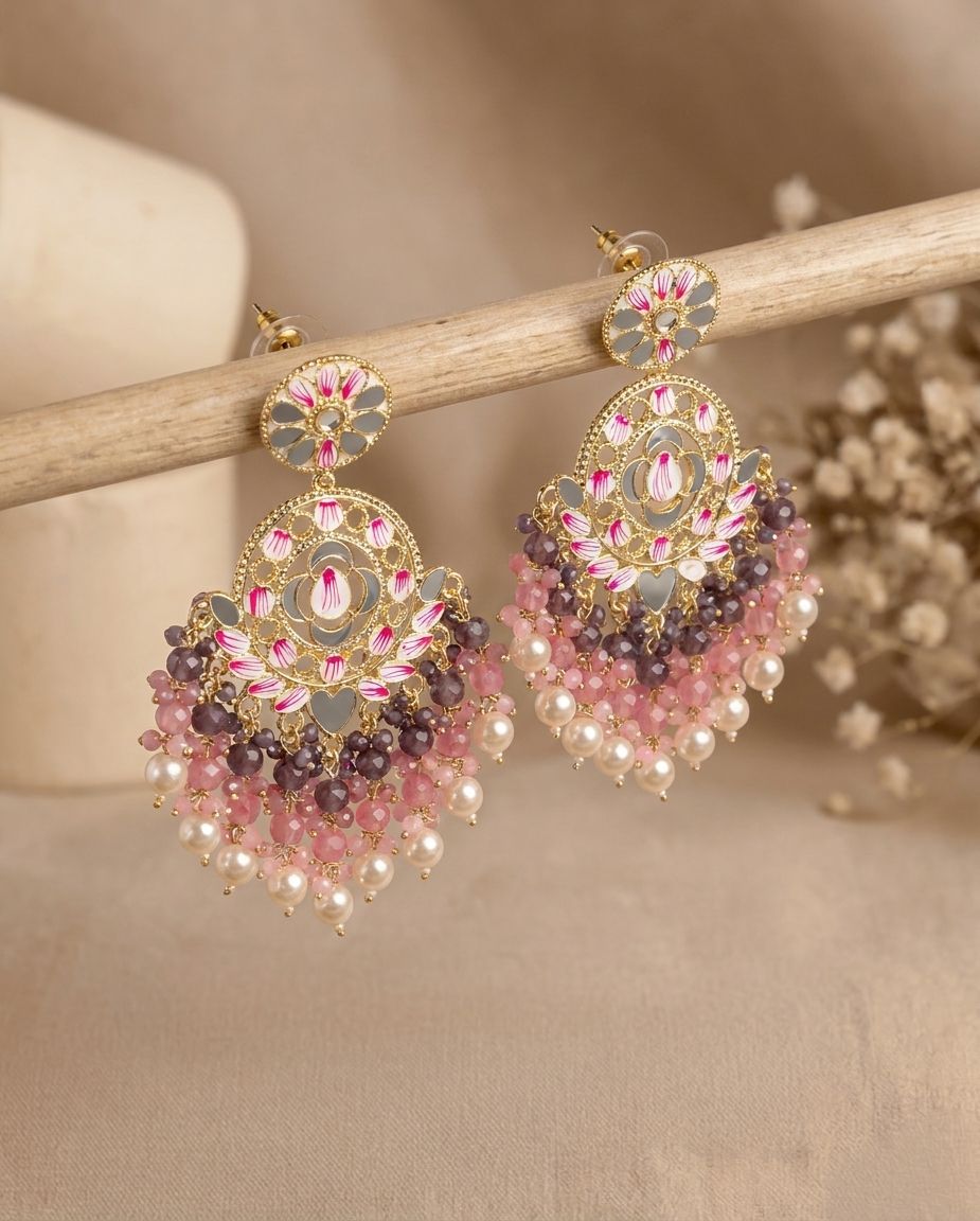 Festive Charm: Grey-Pink Gold Plated Chandbali Earrings