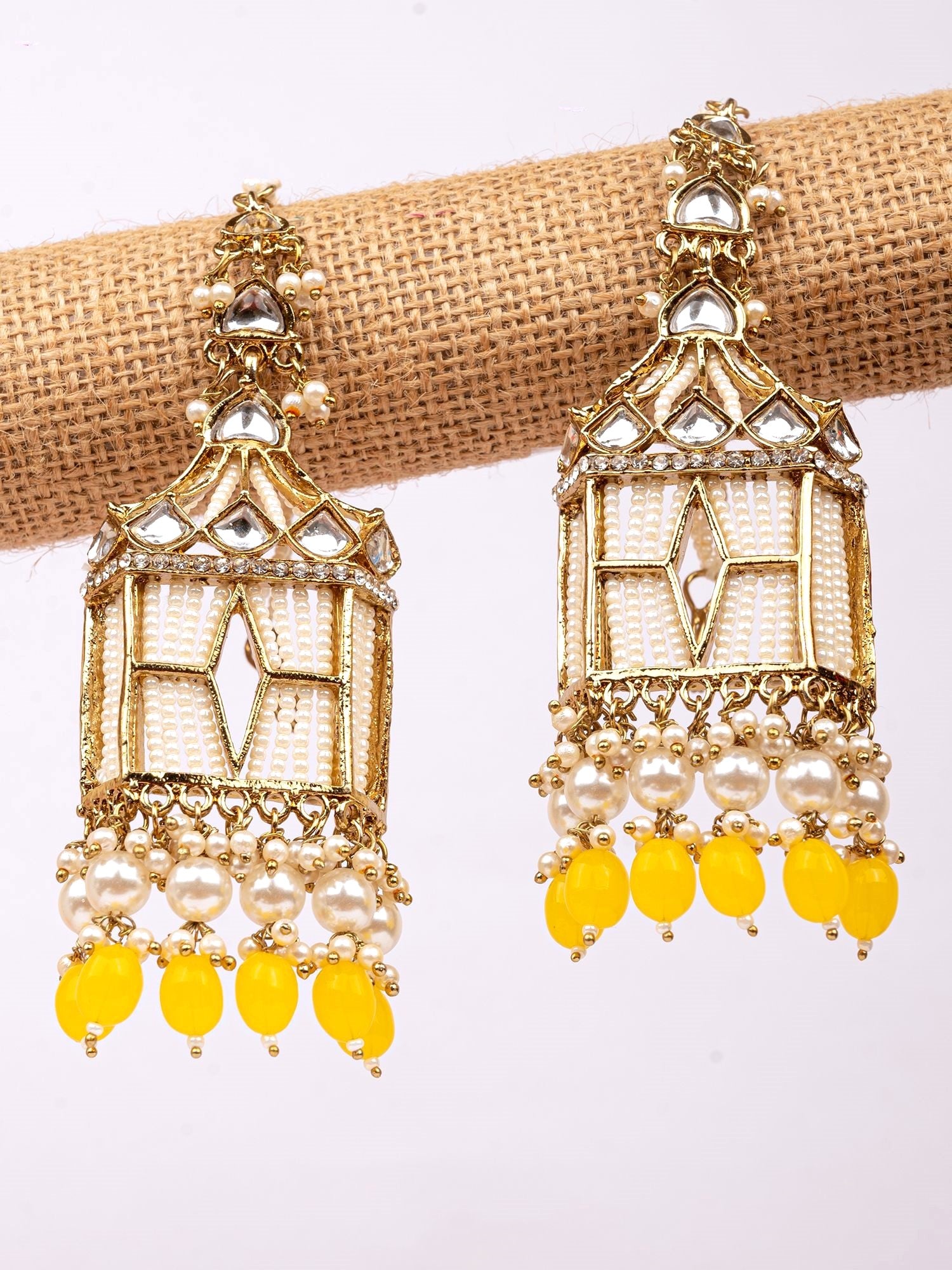 Stylish Yellow Pearls Doli-Palki Kundan Studded Earrings With Ear