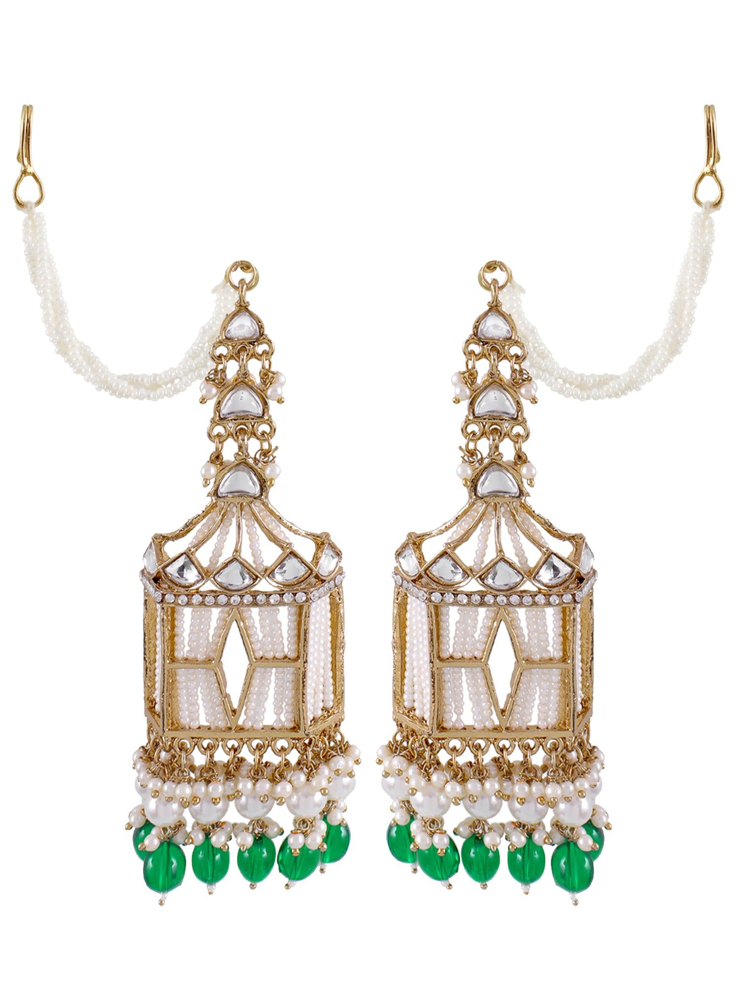 Stylish Green Pearl Drops Doli-Palki Kundan Earrings With Ear Chain
