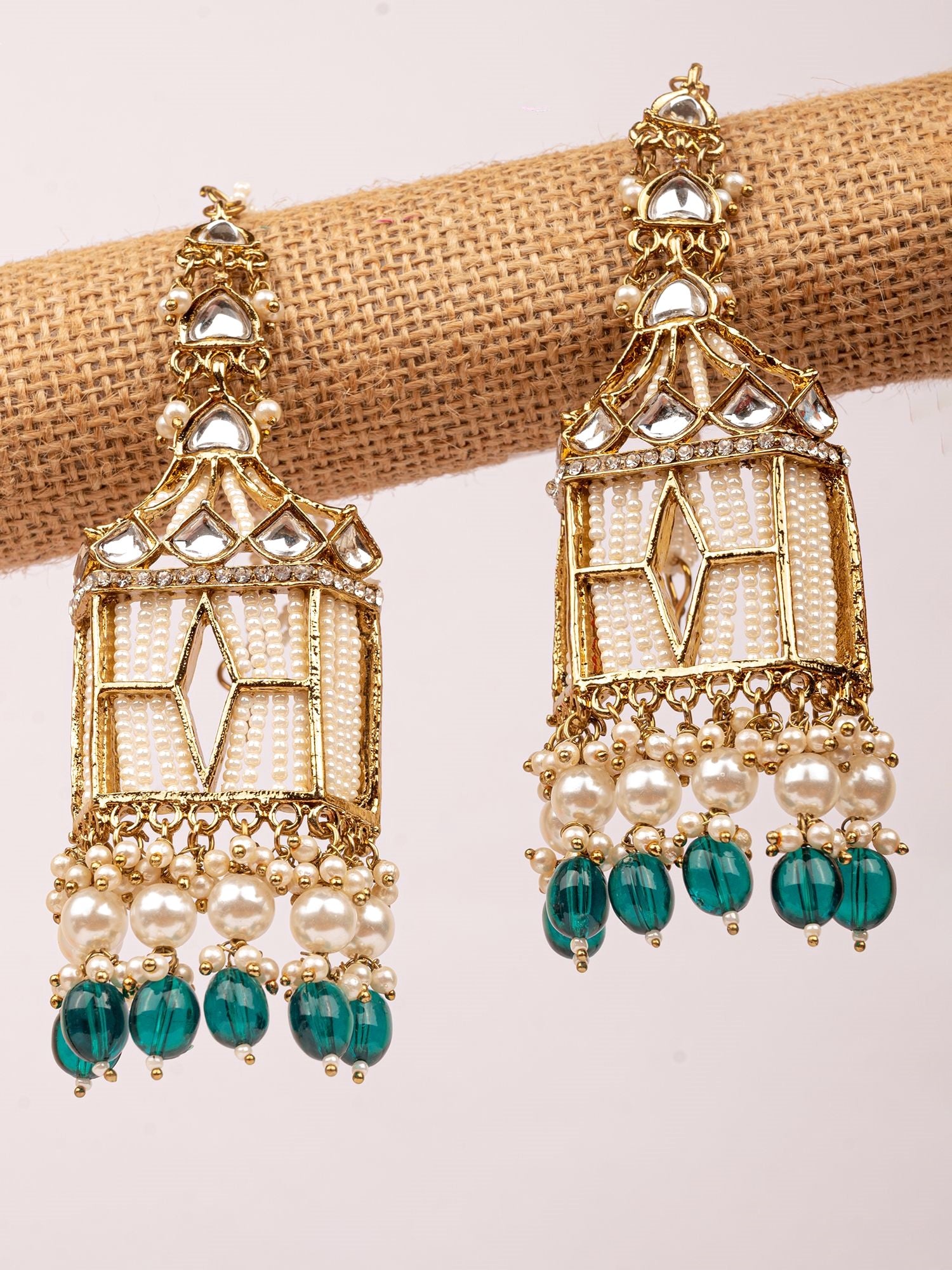 Stylish Green Pearl Drops Doli-Palki Kundan Earrings With Ear Chain