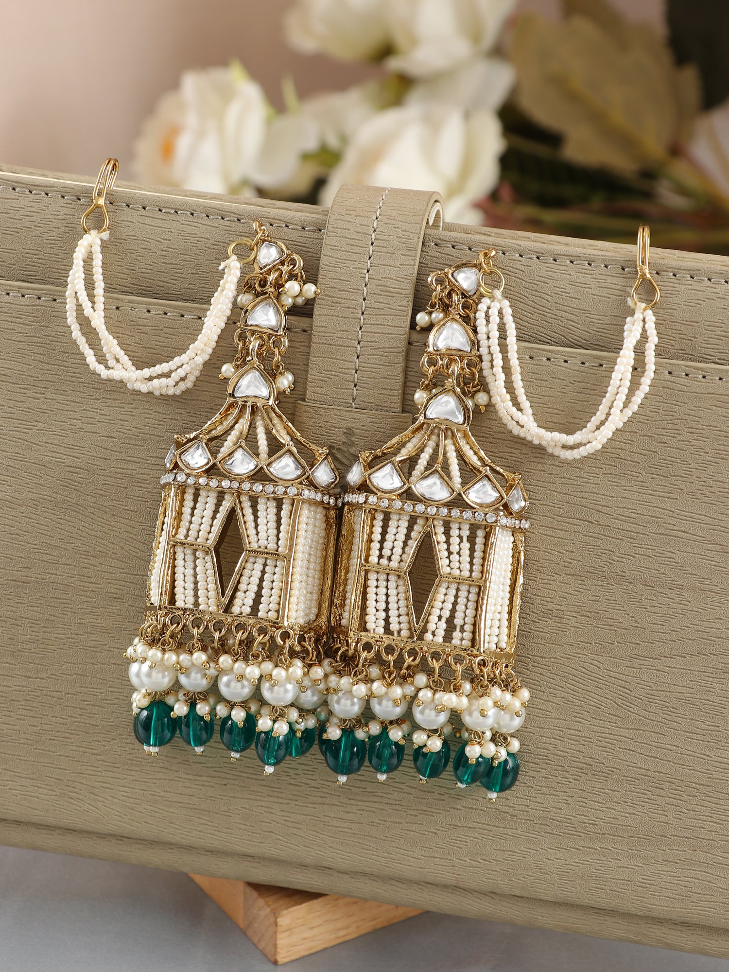 Stylish Green Pearl Drops Doli-Palki Kundan Earrings With Ear Chain