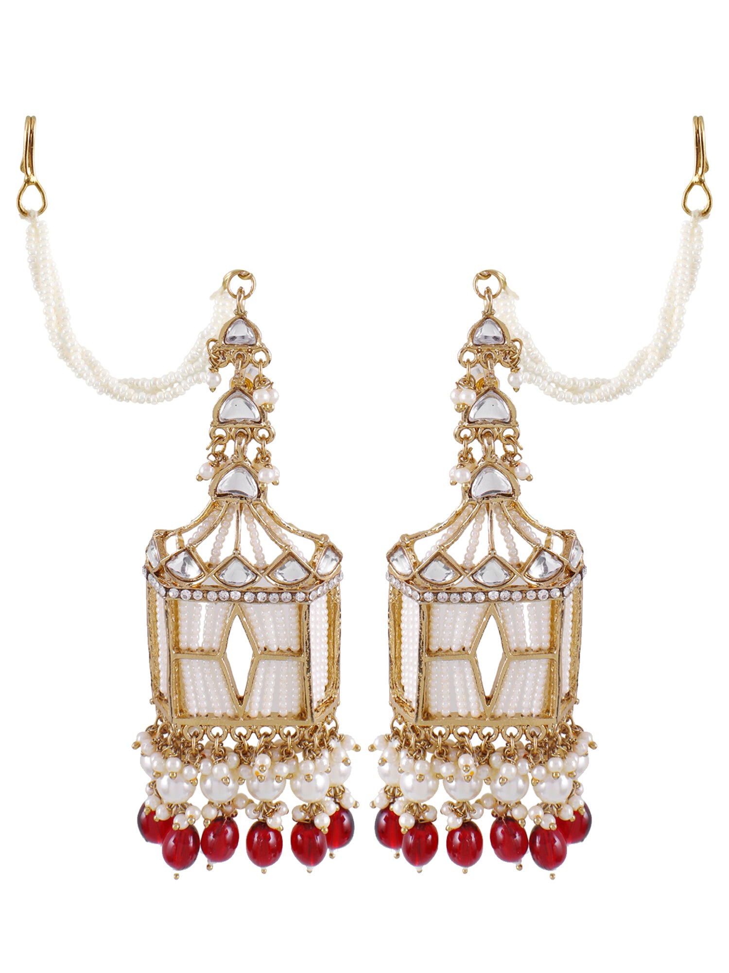 Kundan Earrings With Ear Chain, Maroon Ethnic Jhumka Drop Pearl Jewellery