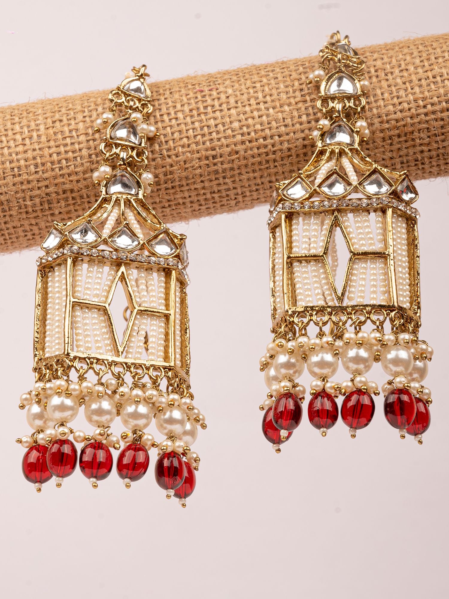 Kundan Earrings With Ear Chain, Maroon Ethnic Jhumka Drop Pearl Jewellery
