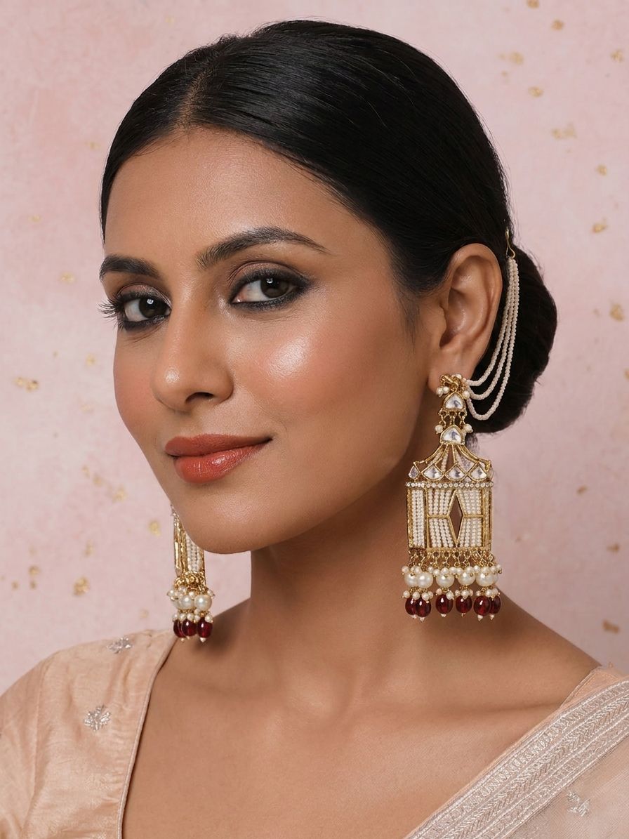 Kundan Earrings With Ear Chain, Maroon Ethnic Jhumka Drop Pearl Jewellery