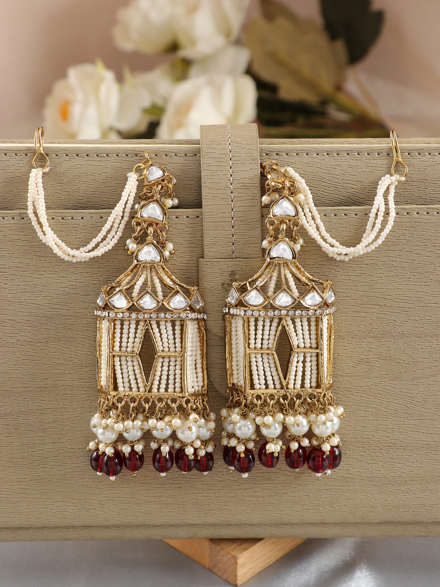 Kundan Earrings With Ear Chain, Maroon Ethnic Jhumka Drop Pearl Jewellery