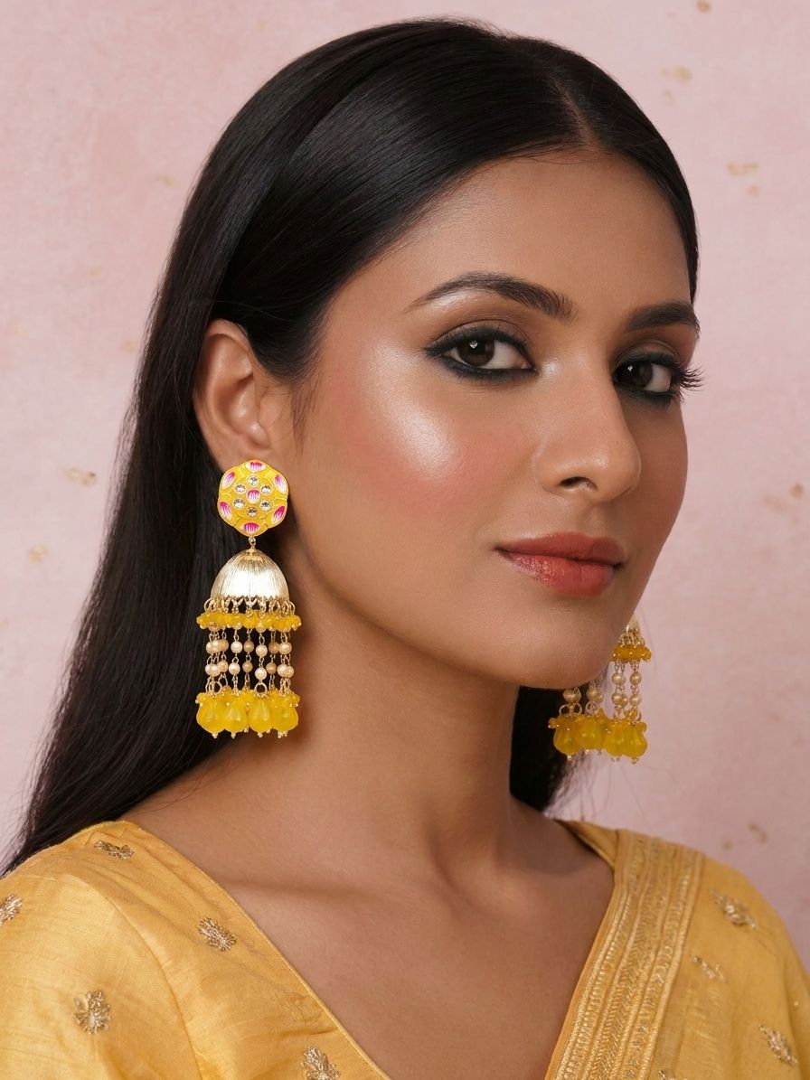 Yellow Meenakari Floral Jhumka Earrings – Traditional Party & Wedding Jewelry