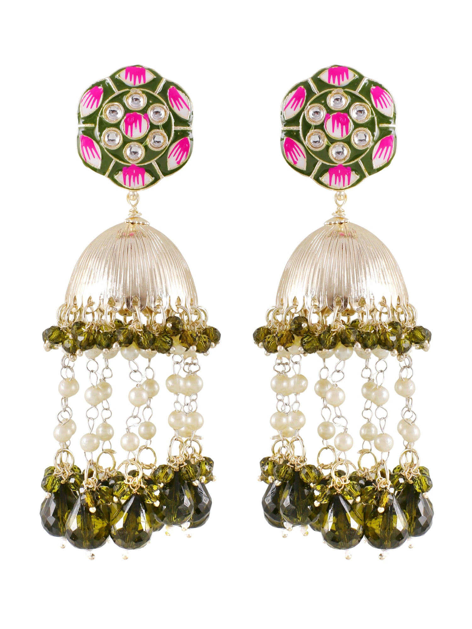 Floral Jhumka Mehndi Green Meenakari Earrings for Women & Girls