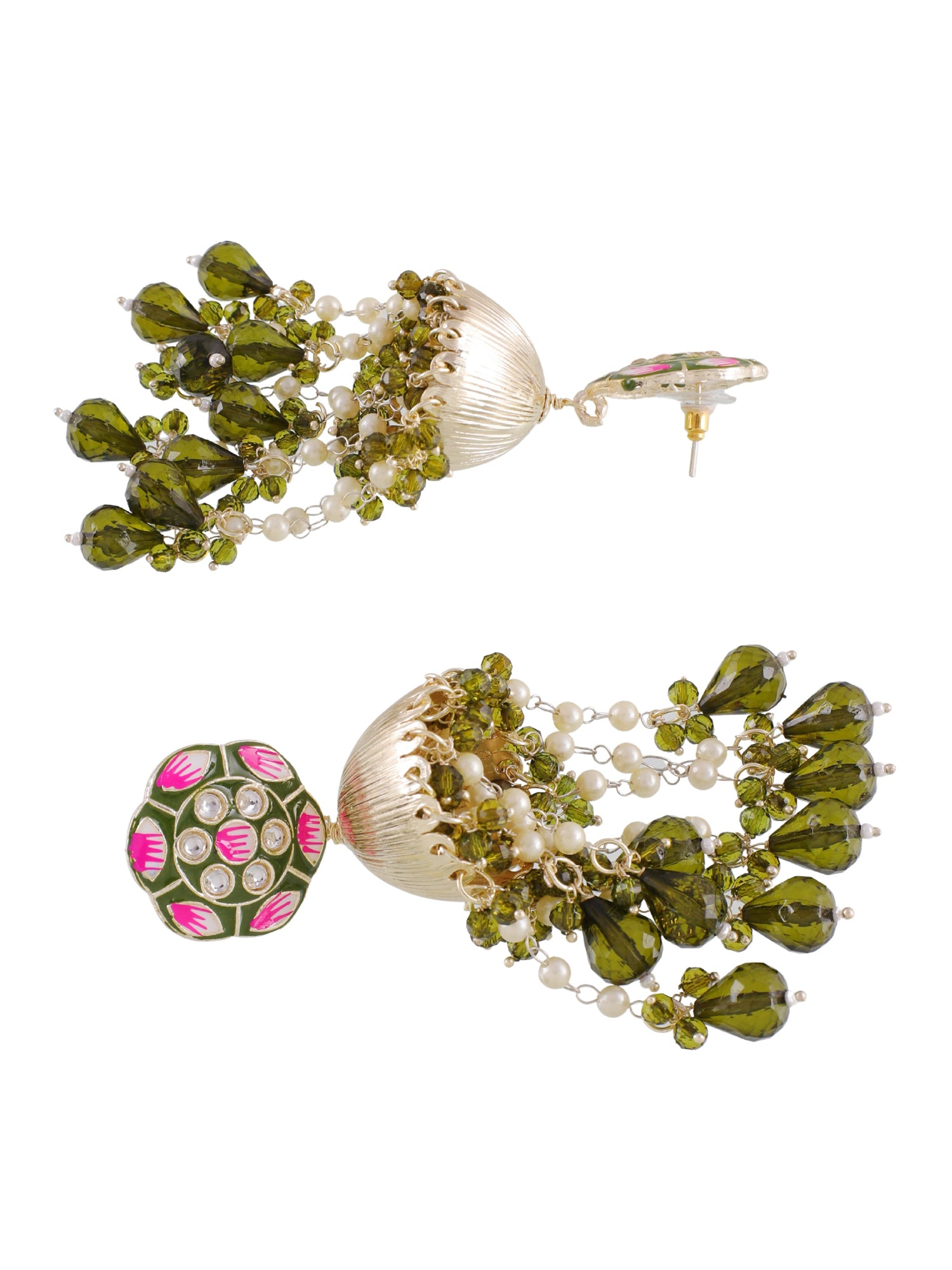 Floral Jhumka Mehndi Green Meenakari Earrings for Women & Girls