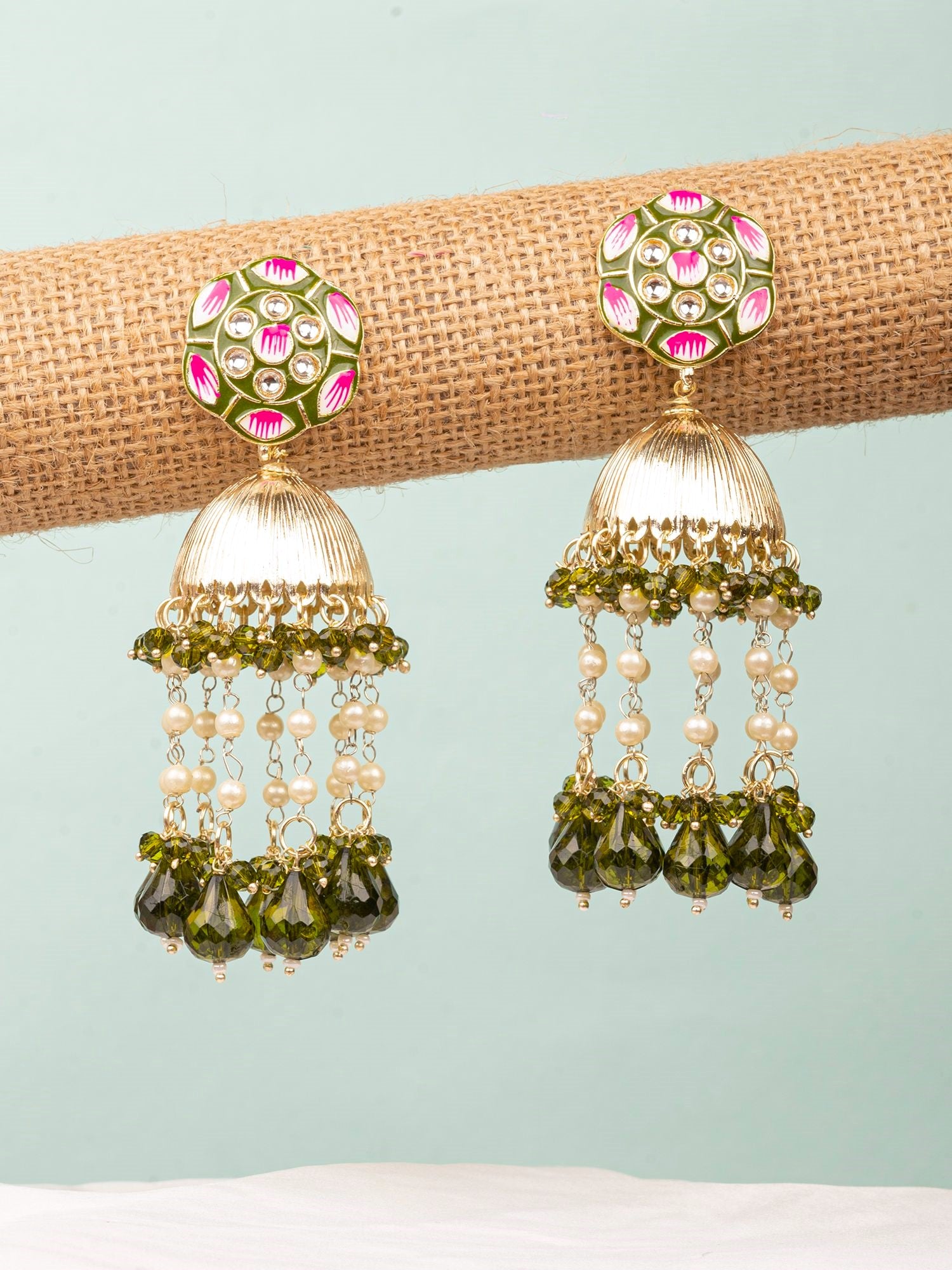 Floral Jhumka Mehndi Green Meenakari Earrings for Women & Girls