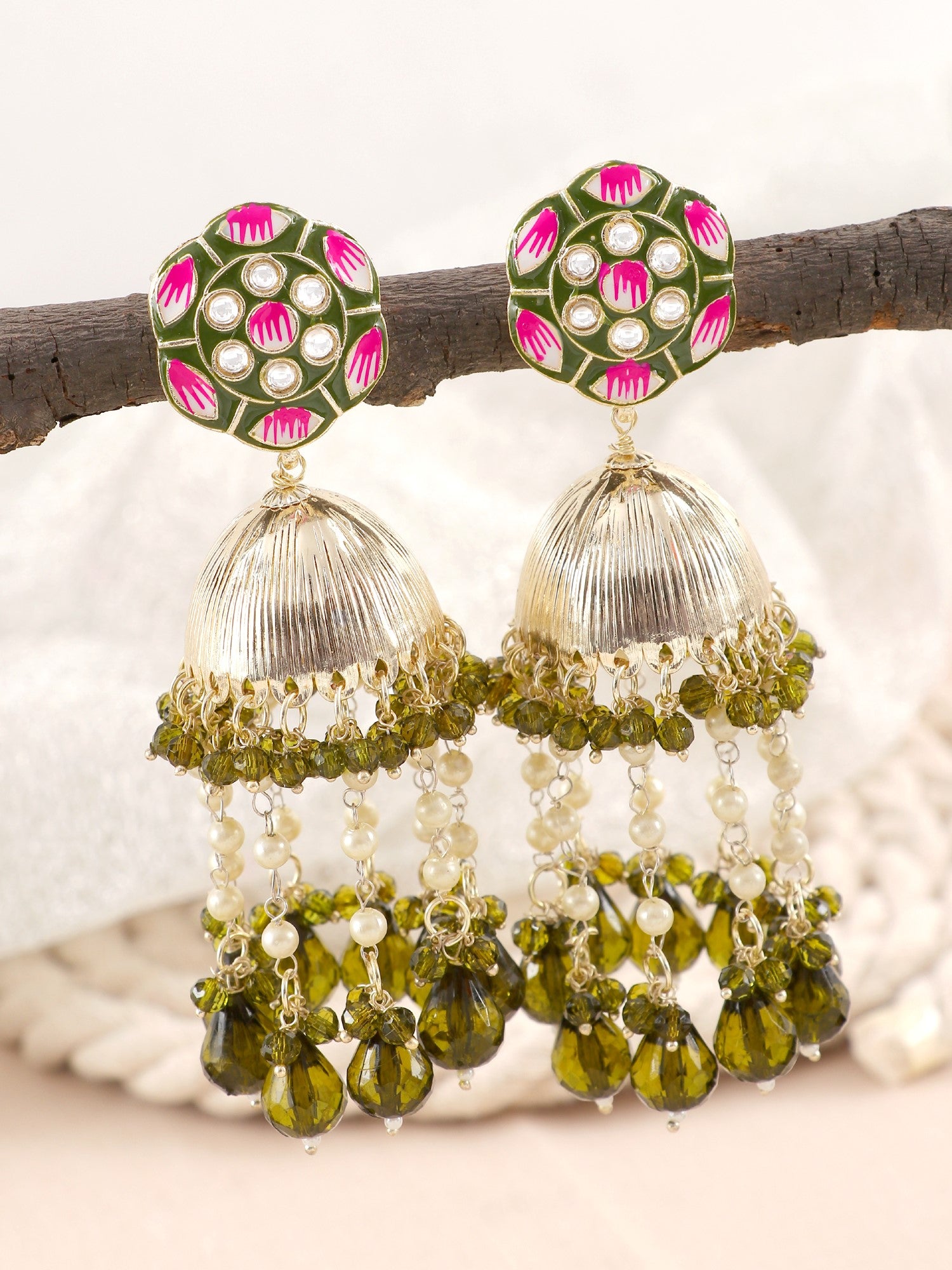 Floral Jhumka Mehndi Green Meenakari Earrings for Women & Girls