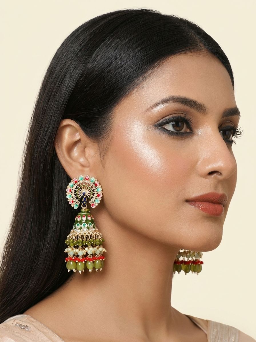 Meenakari Peacock Jhumka Earrings For Haldi/Wedding