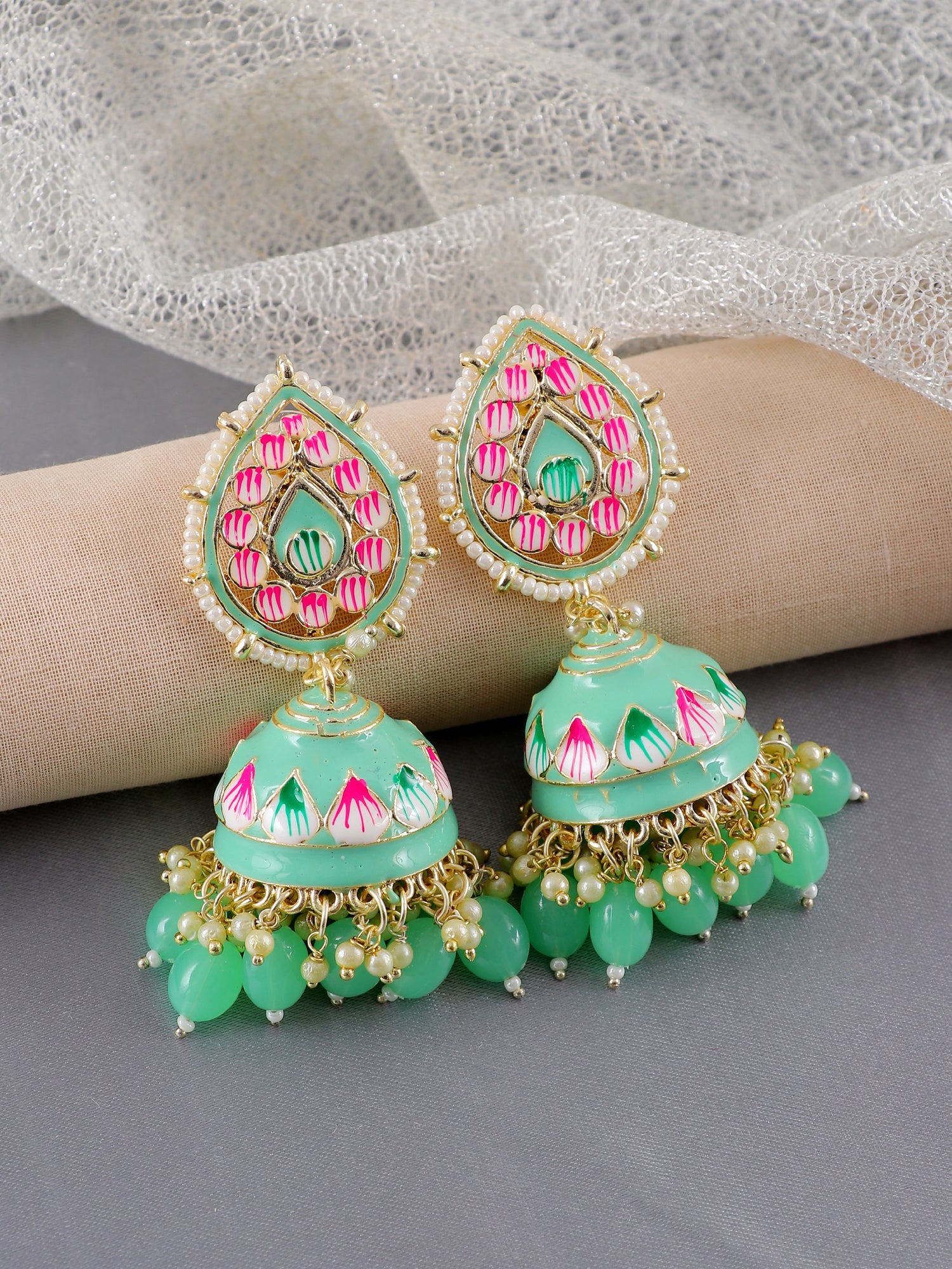 Party Ready Light Green Meenakari Jhumka: Ethnic Drop Earrings with Moti Work
