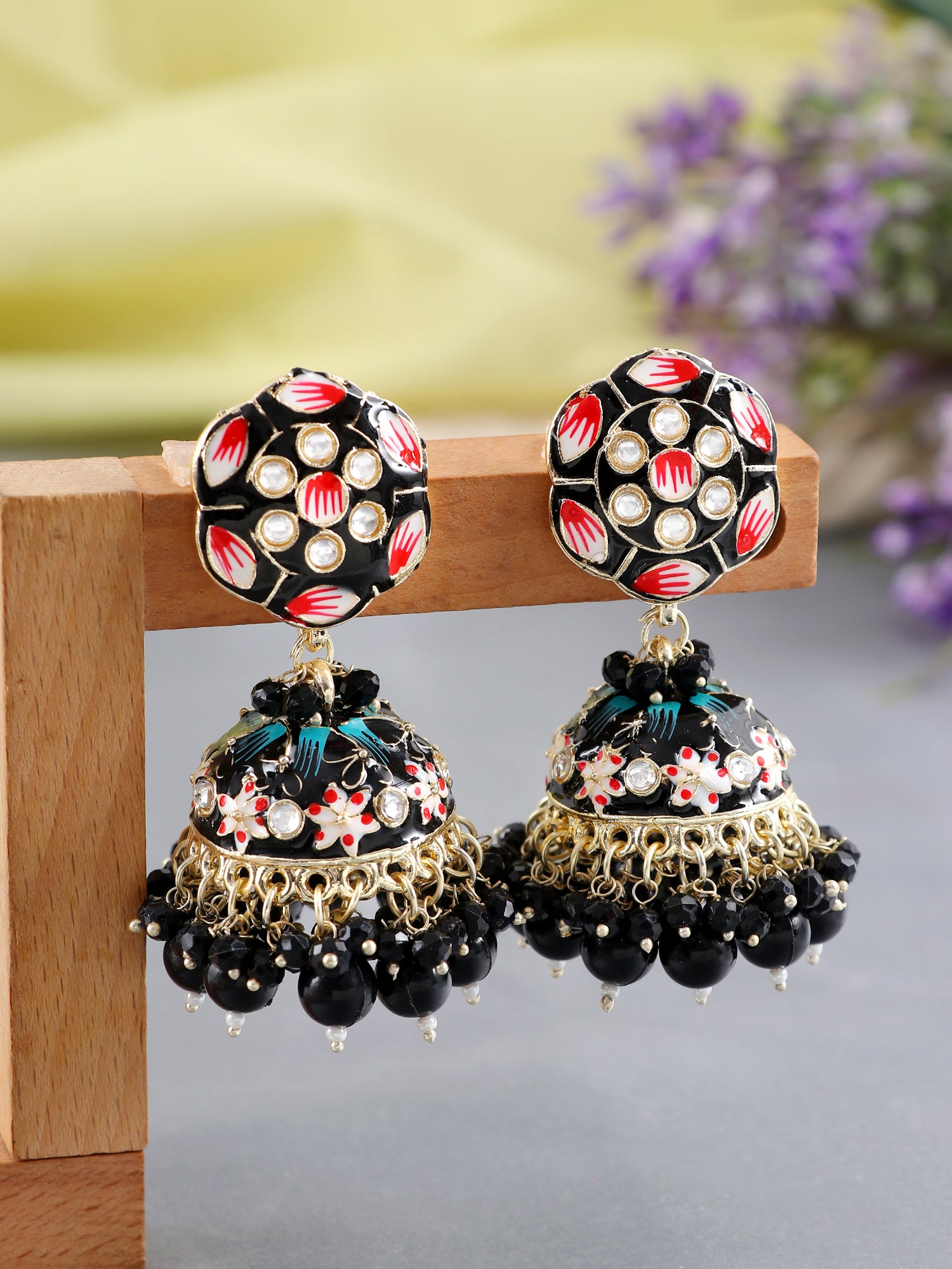 Black Floral Meenakari Jhumka Earrings for Women and Girls